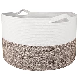 WISELIFE Storage Basket Large Cotton Rope Basket 21.7x 21.7 x 13.8 with Handle Big Soft Nursery Cube Bin Laundry Hamper for Living Room(White/Brown)