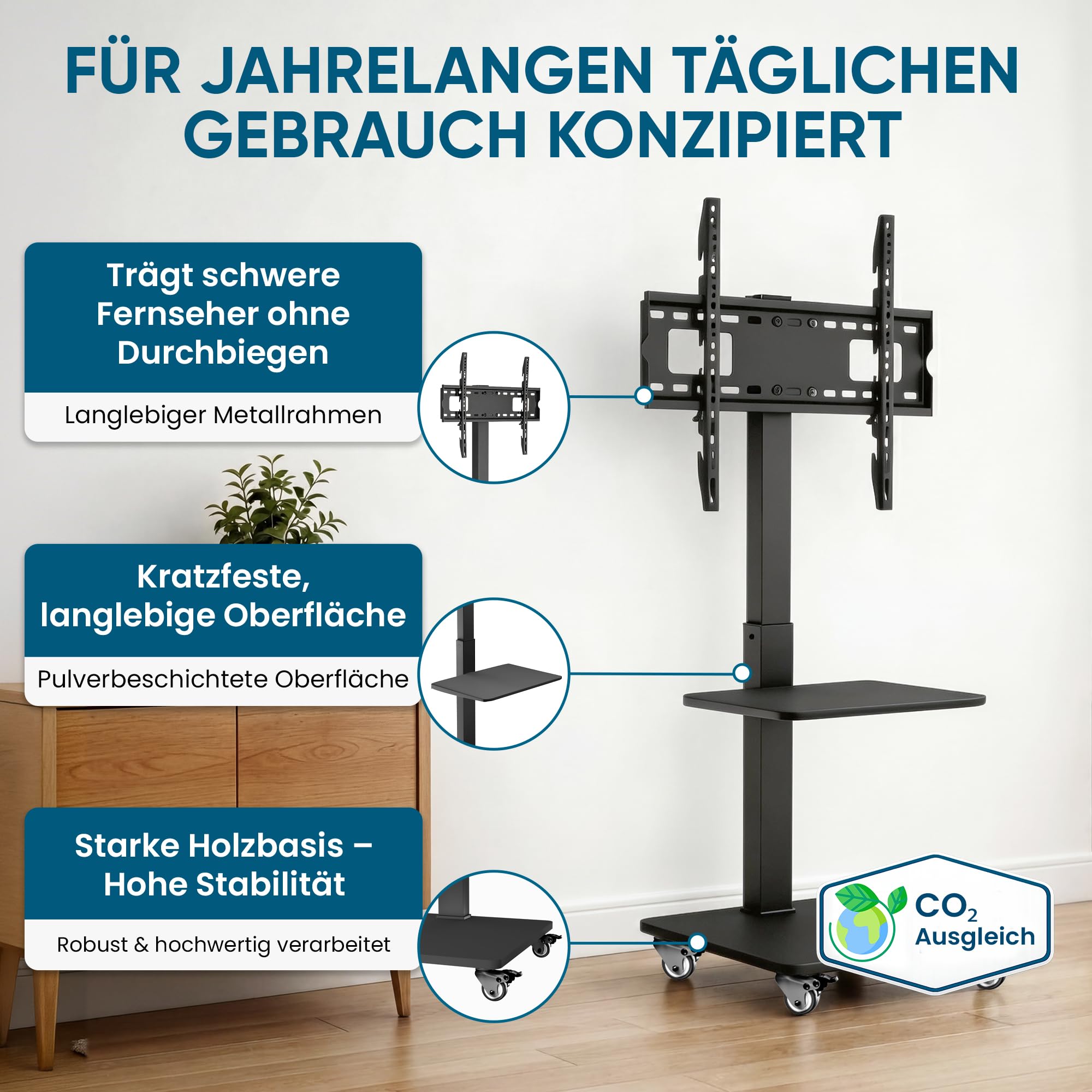 Xantron® TV Ständer Rollbar Höhenverstellbar für TVs bis 75 Zoll [mit Ablagefläche] Fernsehständer mit Rollen/Fernseher Bodenständer/Fernseher Halterung stehend/TV Rollwagen