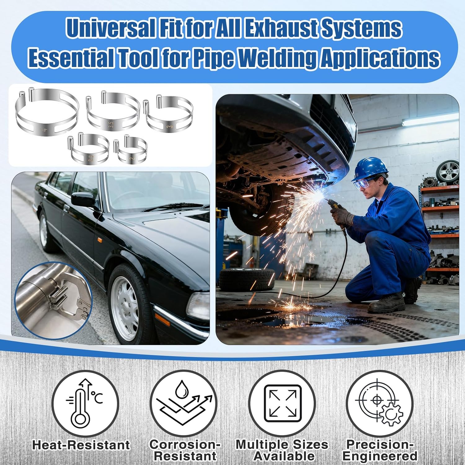 Hicarer 5 Pcs Exhaust Pipe Tacking Band 2'' 2.5'' 3'' 3.5'' 4'' Stainless Steel Exhaust Tack Welding Clamp-on Kit for Tig Welding Fabrication and Pipe Repair