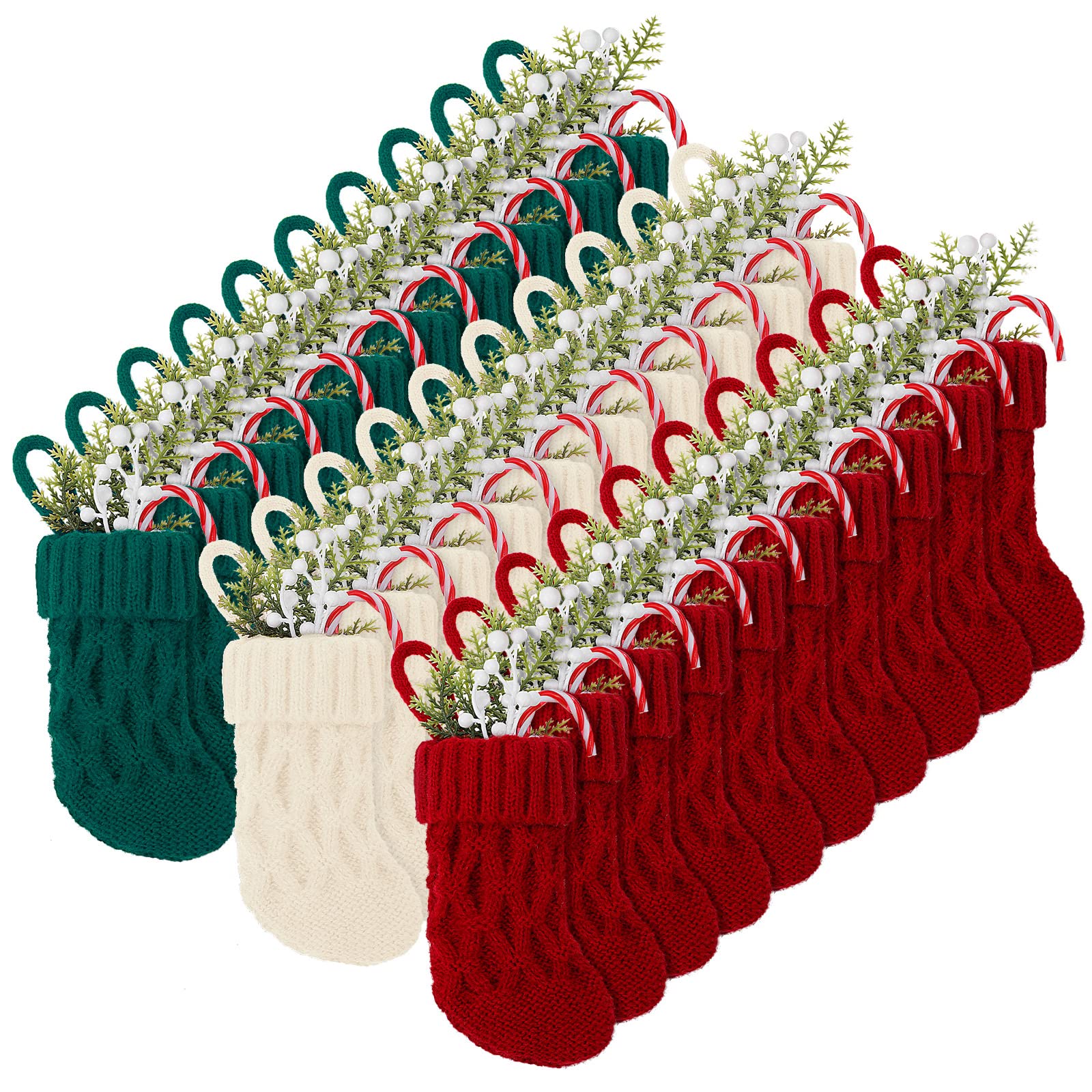 BBTO 30 Stück Mini-Weihnachtsstrümpfe, 12,7 cm Zopfstrick, Weihnachtsstrümpfe, rustikale Weihnachtsbaumschmuck