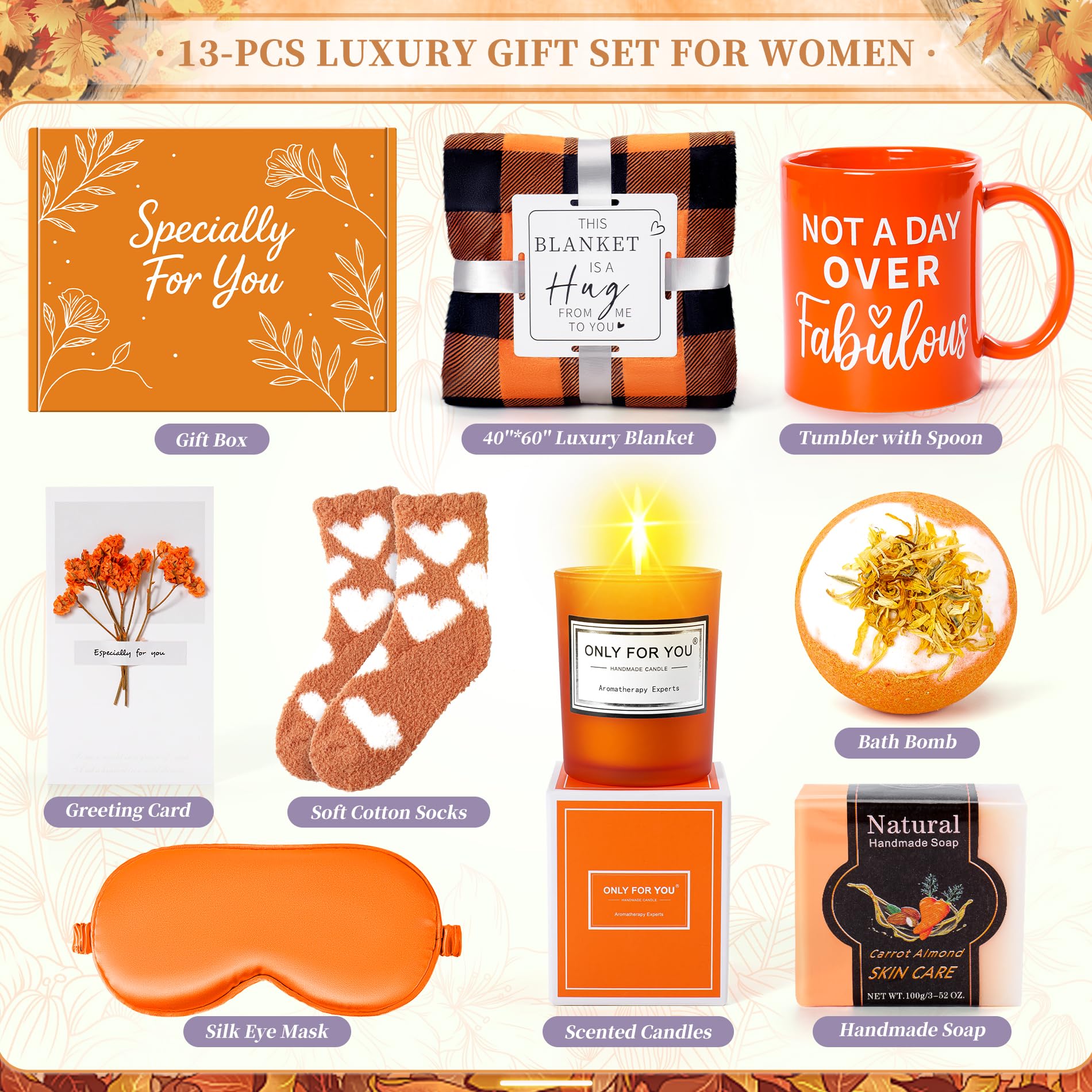 Fortuning's JDS 13PCS Orange for Women,Thank You Birthday Baskets for Women Wife Mom Sister Friend Girlfriend Teacher Get Well Self Care Package Graduation,Sympathy,Retirement Thank You Gifts