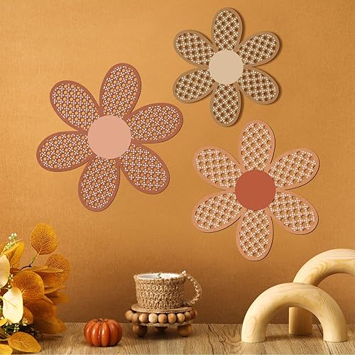Miniatura 9 de Maitys Decoración de pared de margaritas bohemias de 3 piezas, flores de ratán natural, arte para colgar en la pared, arte bohemio de madera,