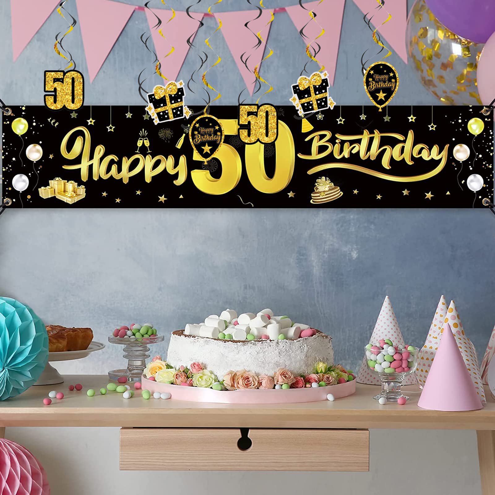 GoldRock Set 6 Spirali Decorative Per 40° Compleanno, Nero E Oro, Decorazioni Da Appendere Con Ganci, Per Festa Uomo O Donna - 2