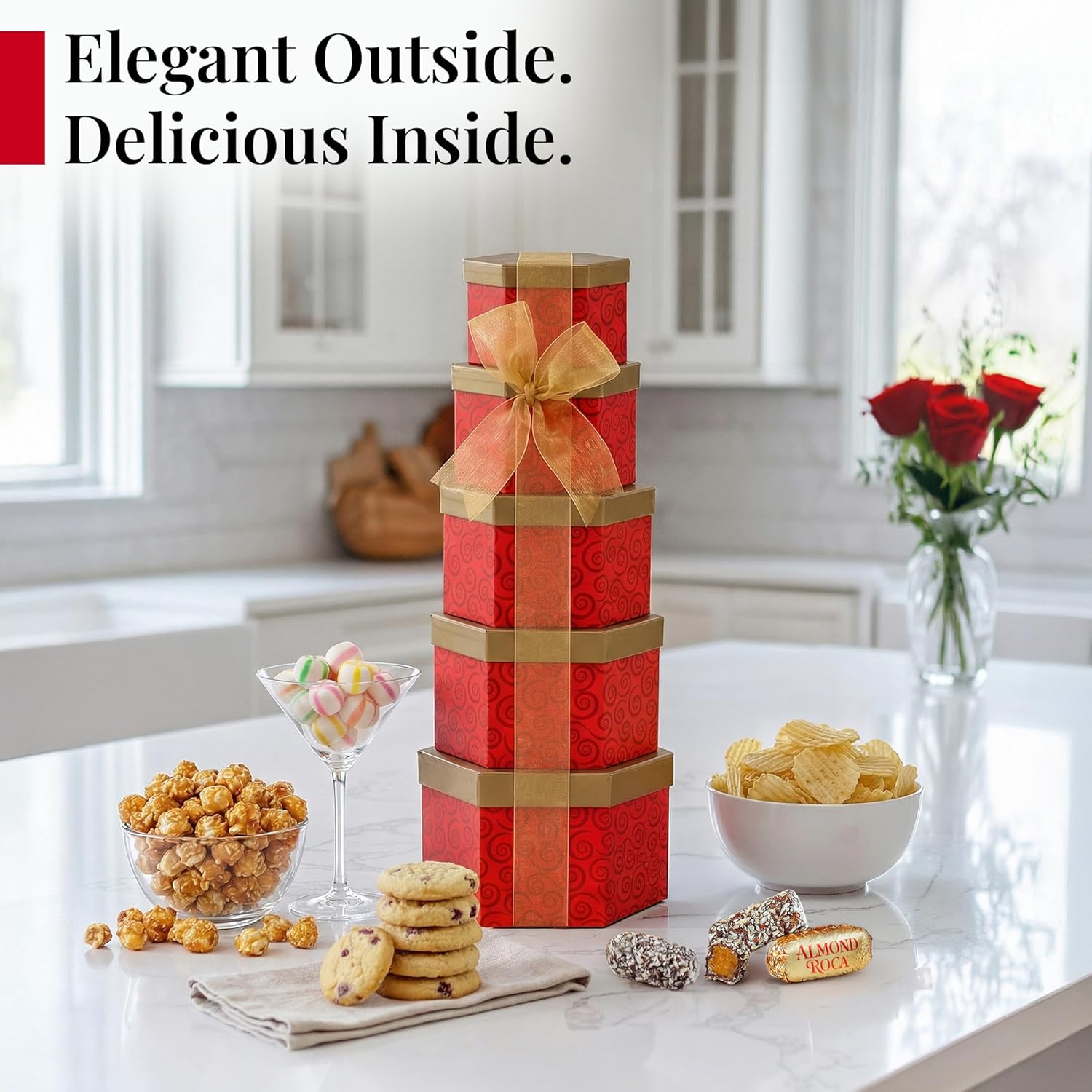 Broadway Basketeers Snacks and Sweets Ruby Red Gift Basket Tower, Anniversary, Birthday, Thinking of You for Women, Mom, Step-Mother, Wife, Girlfriend, Her or Him