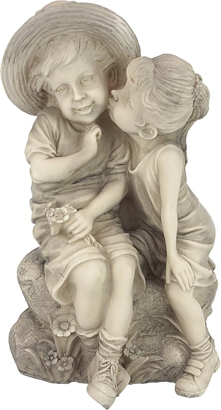 Design Toscano Boy and Girl Garden Decor Statue ,14 Inch, Polyresin, Antique Stone