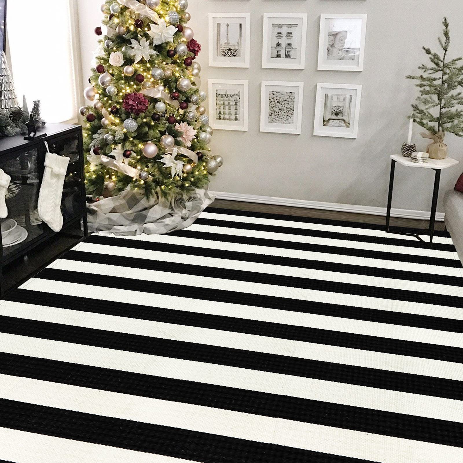 LEEVAN Black and White Striped Area Rug 5' x 7' Indoor Outdoor Rug Washable Woven Farmhouse Fabric Porch Front Outdoor Rug Patios Clearance for Living Room Large Cotton Floor Carpet