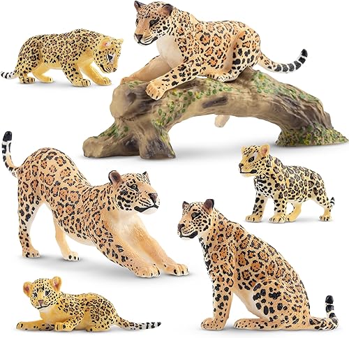 Toymany 4 figuras realistas de leopardo con cachorro de leopardo, figuras de plástico de 2 a 5 pulgadas, juego familiar incluye bebé, juguete