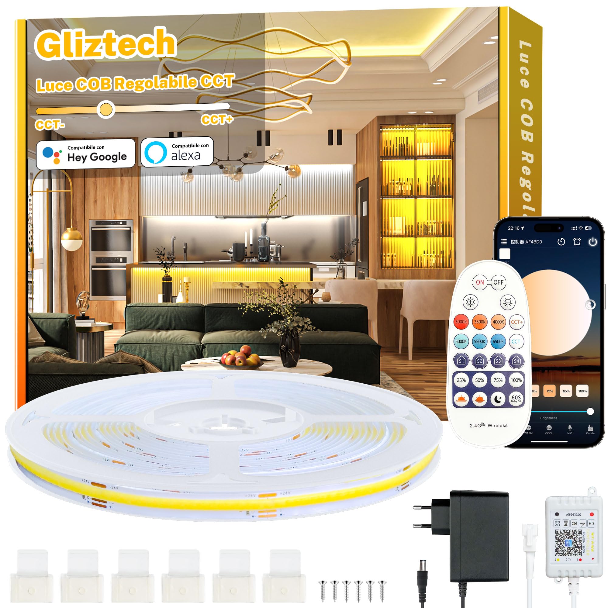 Gliztech 10M Striscia LED COB Bianca Compatibile con Alexa, da 3000k a 6500k Striscia Led 24V Dimmerabile, Illuminazione Sottopensile con Telecomando e App Strip Led per Cucina e Camera da Letto