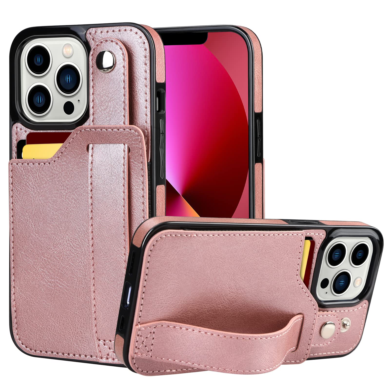 HianDier Wallet Case Compatible with iPhone 13 Pro Case 5G 6.1-inch Slim Protective with Hand Strap Holder Kickstand Credit Card Slot Soft PU Leather Cover, Rose Gold