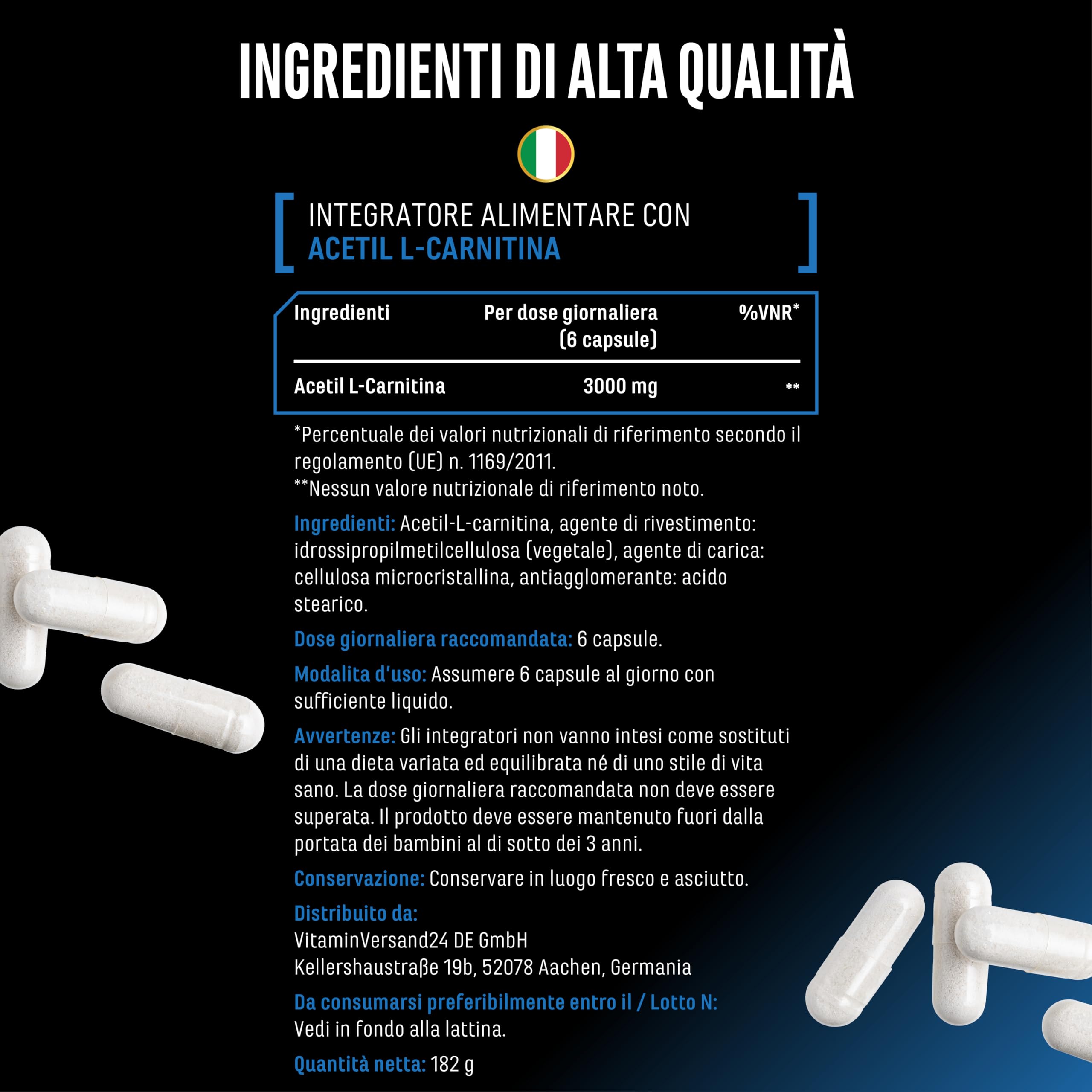 Acetyl-L-carnitina - 250 capsule vegane - 3000 mg per porzione giornaliera - Forma acetilata di L-carnitina di alta qualità - Extra ad alto dosaggio & qualità premium