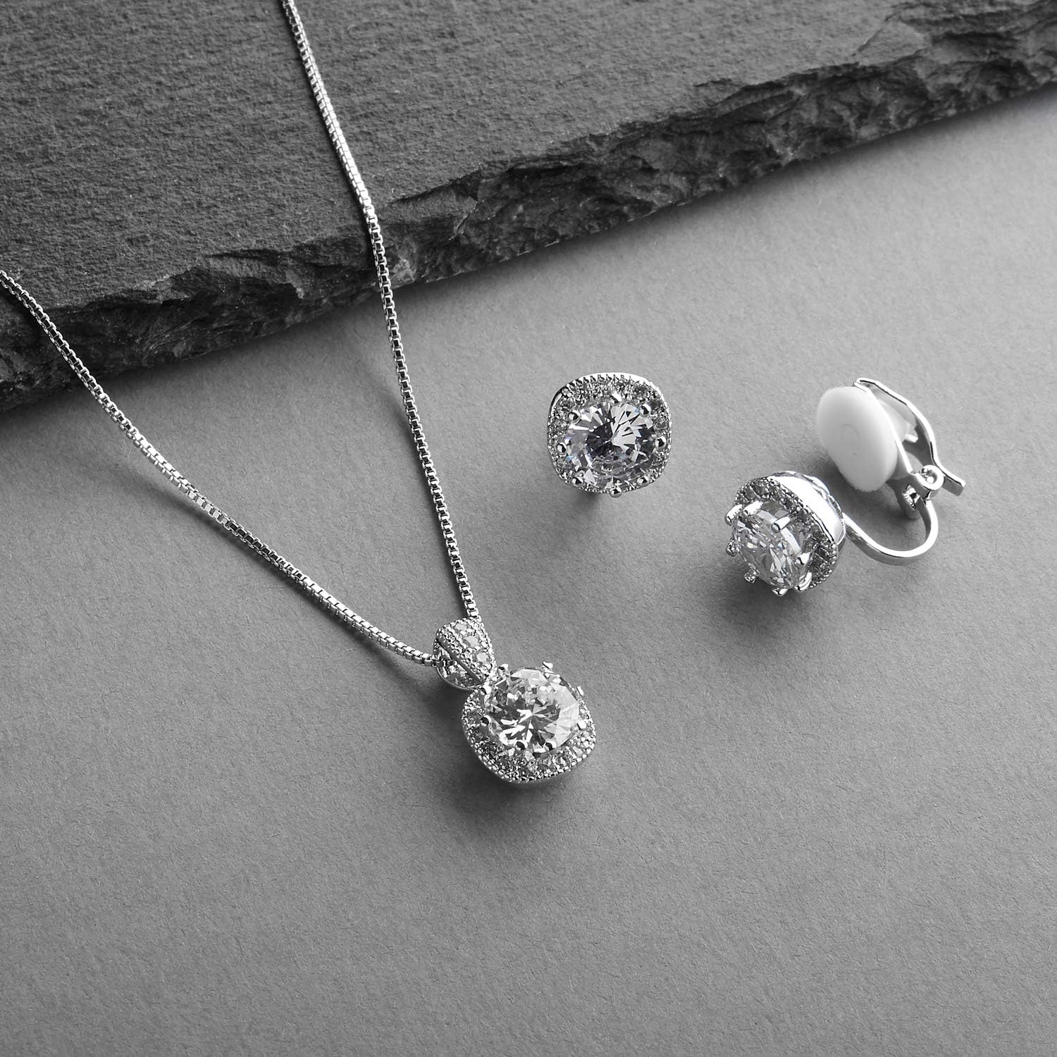 Mariell Cubic Zirconia Crystal Necklace & Clip On Earrings Jewelry Set, 10mm Solitaire with Stud Earrings