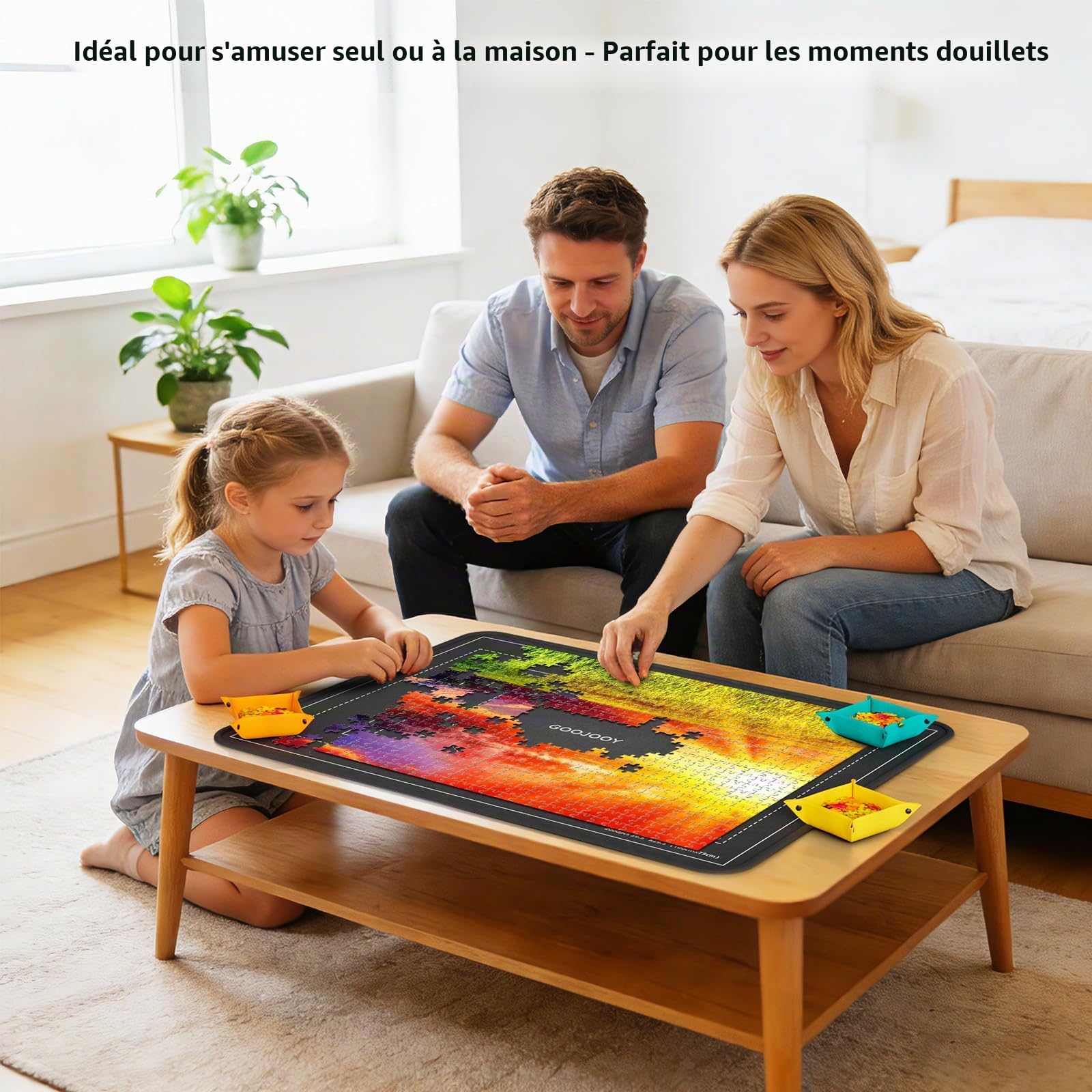 Plateau Puzzle 1500 Pièces avec 8 Plateaux de Tri Colorés et Couvercle Anti-Poussière, 95x65 cm Planche Puzzle, Table Puzzles Pliable en Feutre, Surface Antidérapant pour Amateurs de Puzzles