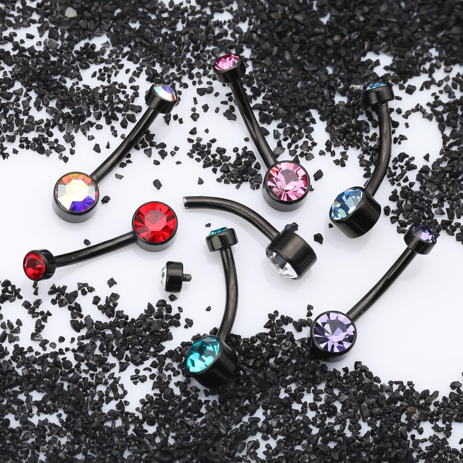 XUU G23 Titanium Belly Button Rings, Black & Silver – 14G Internally Threaded Navel Piercing Jewelry – 10mm & 12mm Barbells with 7 Colors CZ Crystal – Hypoallergenic Jewelry - Image 6