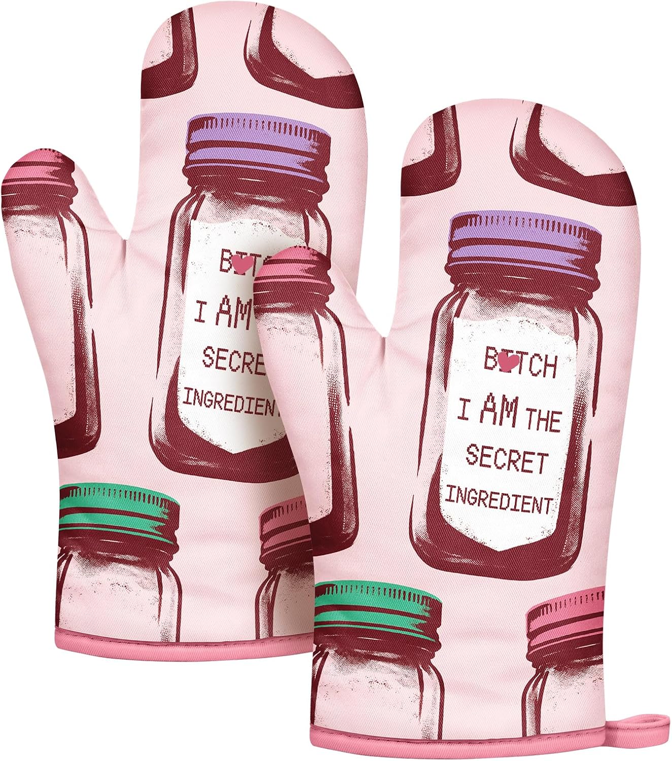 Slohif Funny Oven Mitt Heat Resistant for Women - 2 Pack Pink Cute Novelty Cool Kitchen Oven Mittens with 100% Cotton for Baking and Cooking Accessories