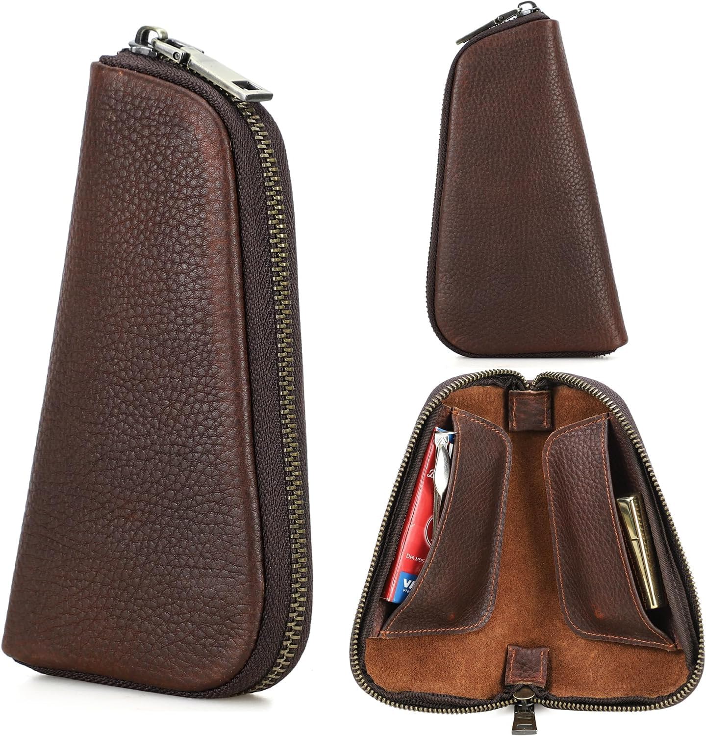 Custodia per pipa da viaggio in pelle pieno fiore, piccola custodia organizer porta accendino, design vintage fatto a mano, Marrone scuro, S-per 1 pipe