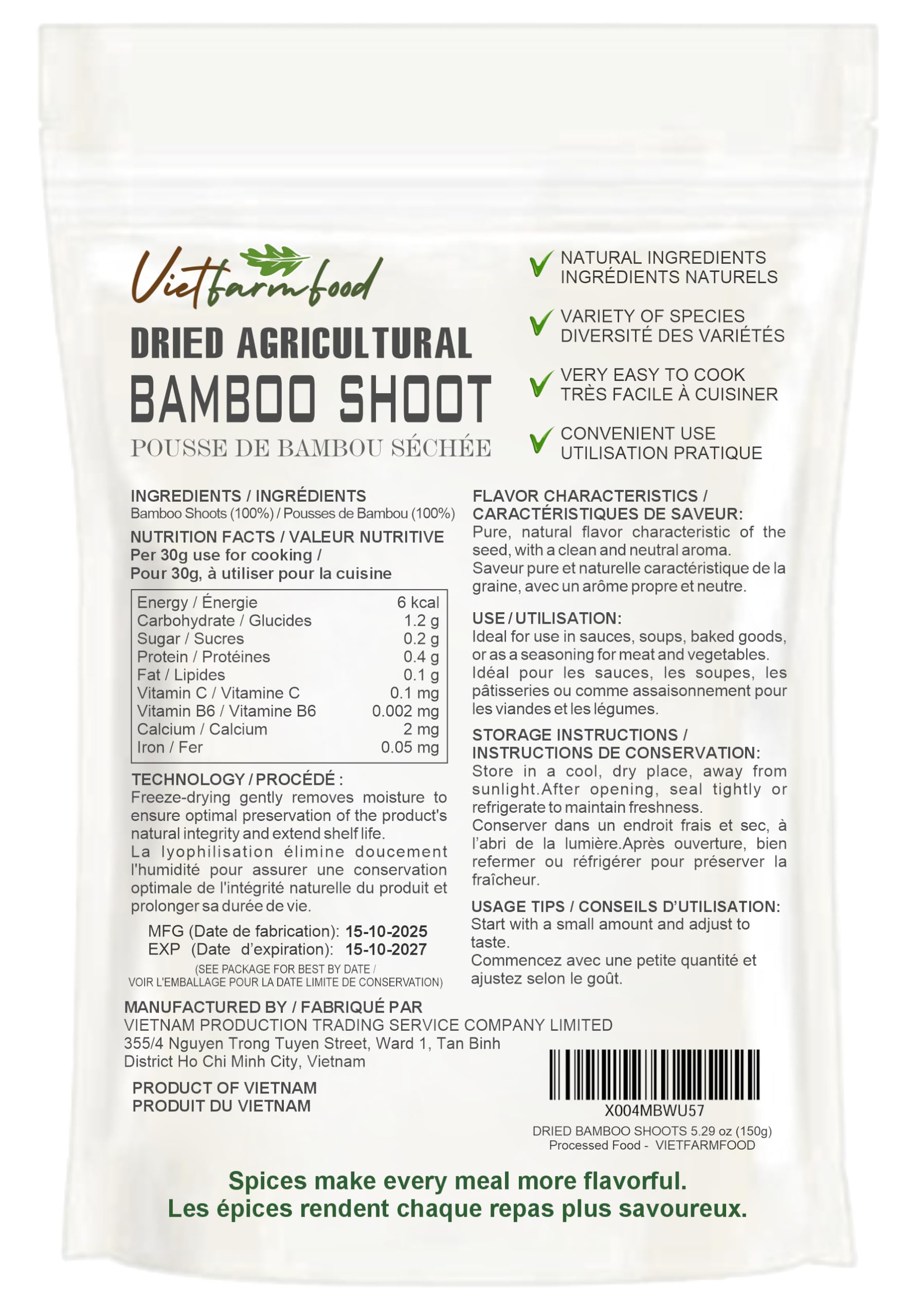 DRIED FOREST BAMBOO SHOOT 5.29 Oz (150g) VIETFARMFOOD: Dried agricultural product with pure natural flavor. Used as cooking ingredients to prepare delicious, nutritious dishes, suitable for vegetarian