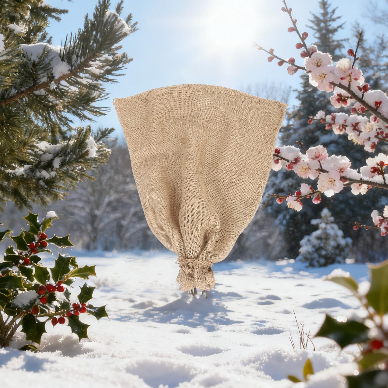 VANZACK Copertura Invernale Piante in Juta 2 Pezzi con Coulisse | 39, 3x31, 44, Riutilizzabile, per Arbusti e Frutta da Esterno, Protezione dal Gelo per Stagione Fredda