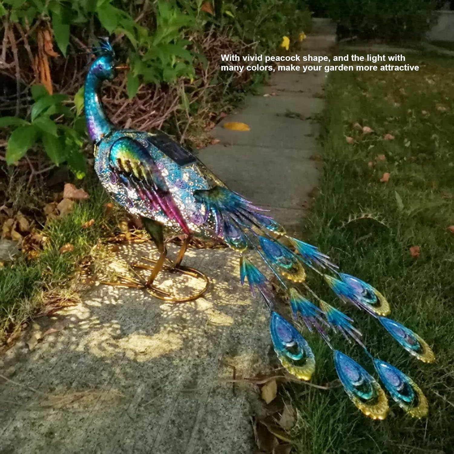 Metal Peacock Decor Garden Statue with Solar Lights, Outdoor Solar Peacock Garden Statue, Standing Peacock Sculptures for Yard Art Backyard Lawn Patio Ornament (#1)