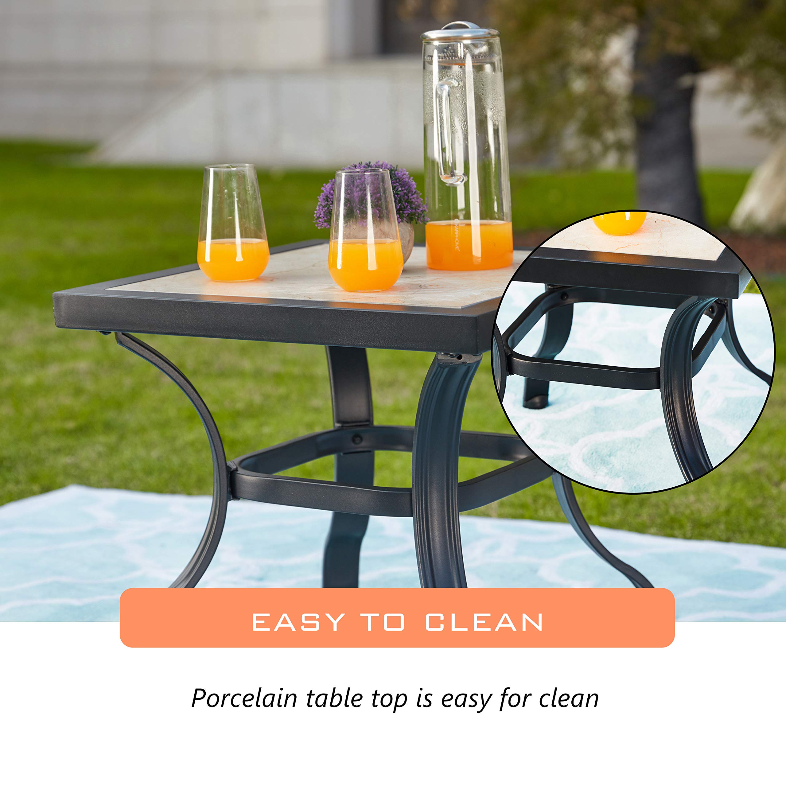LOKATSE HOME Table de salle à manger carrée d'extérieur avec pieds en acier et plateau en céramique Noir 53,3 cm