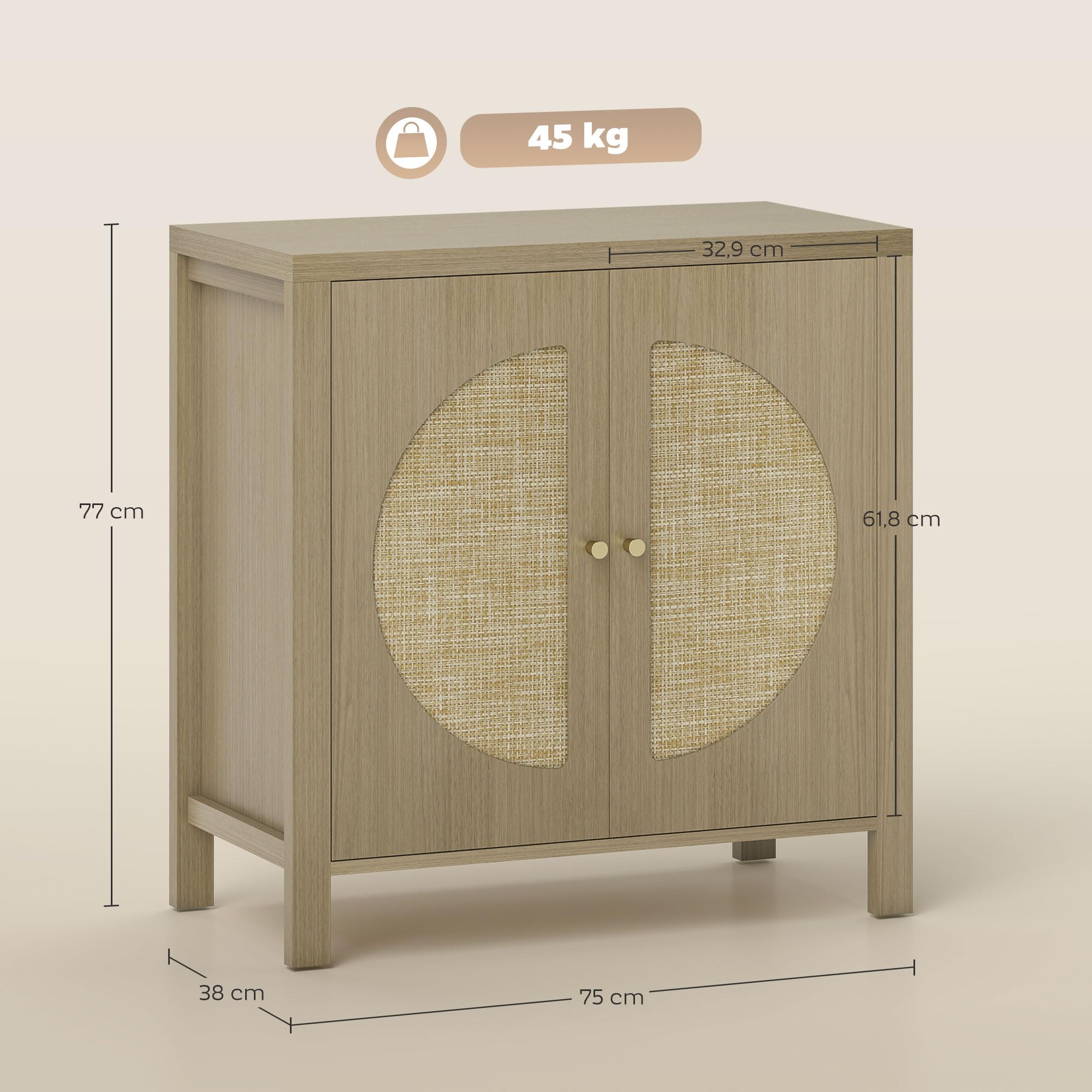 HOMCOM Aparador de Cocina con 2 Puertas Buffet 75x38x77 cm Madera Natural | Ratán Sintético, Mueble Auxiliar de Cocina, Estante Ajustable, 2 Tiradores, para Comedor, Salón, Muebles
