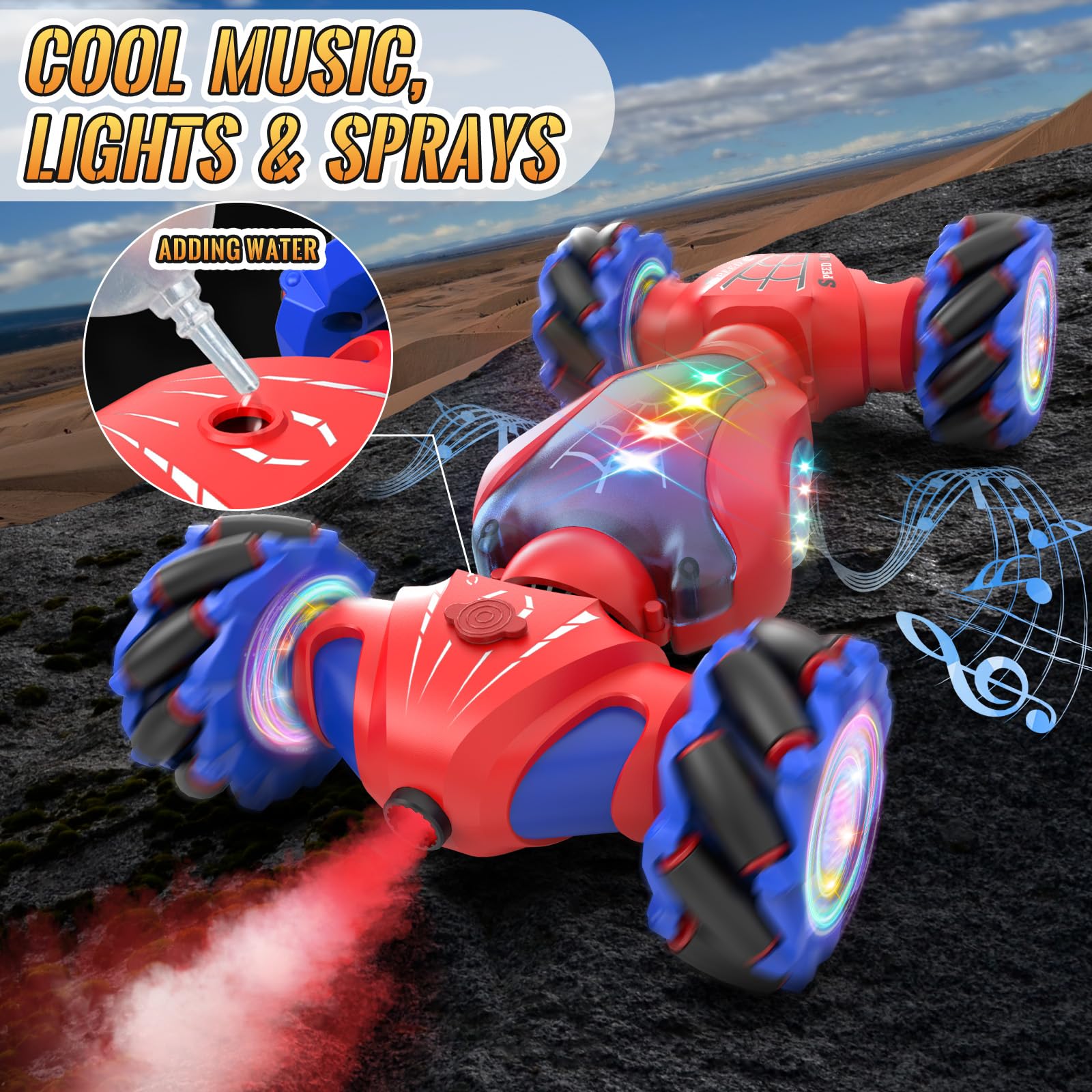 Pristar Macchina Telecomandata per Bambini 6-12 anni Auto Telecomandata con controllo manuale Regalo per ragazzi Regalo per ragazze Giocattolo 4WD 2,4 GHz RC Auto Stunt Car con spruzzatore di luce LED