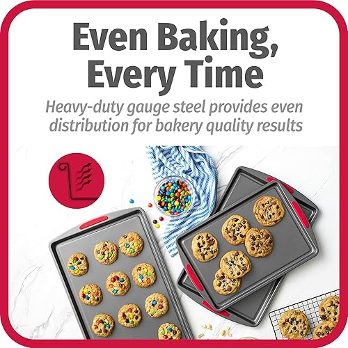 Miniatura 3 de GoodCook MegaGrip - Juego de 3 bandejas de acero antiadherente multiusos con asas de agarre de silicona, color gris