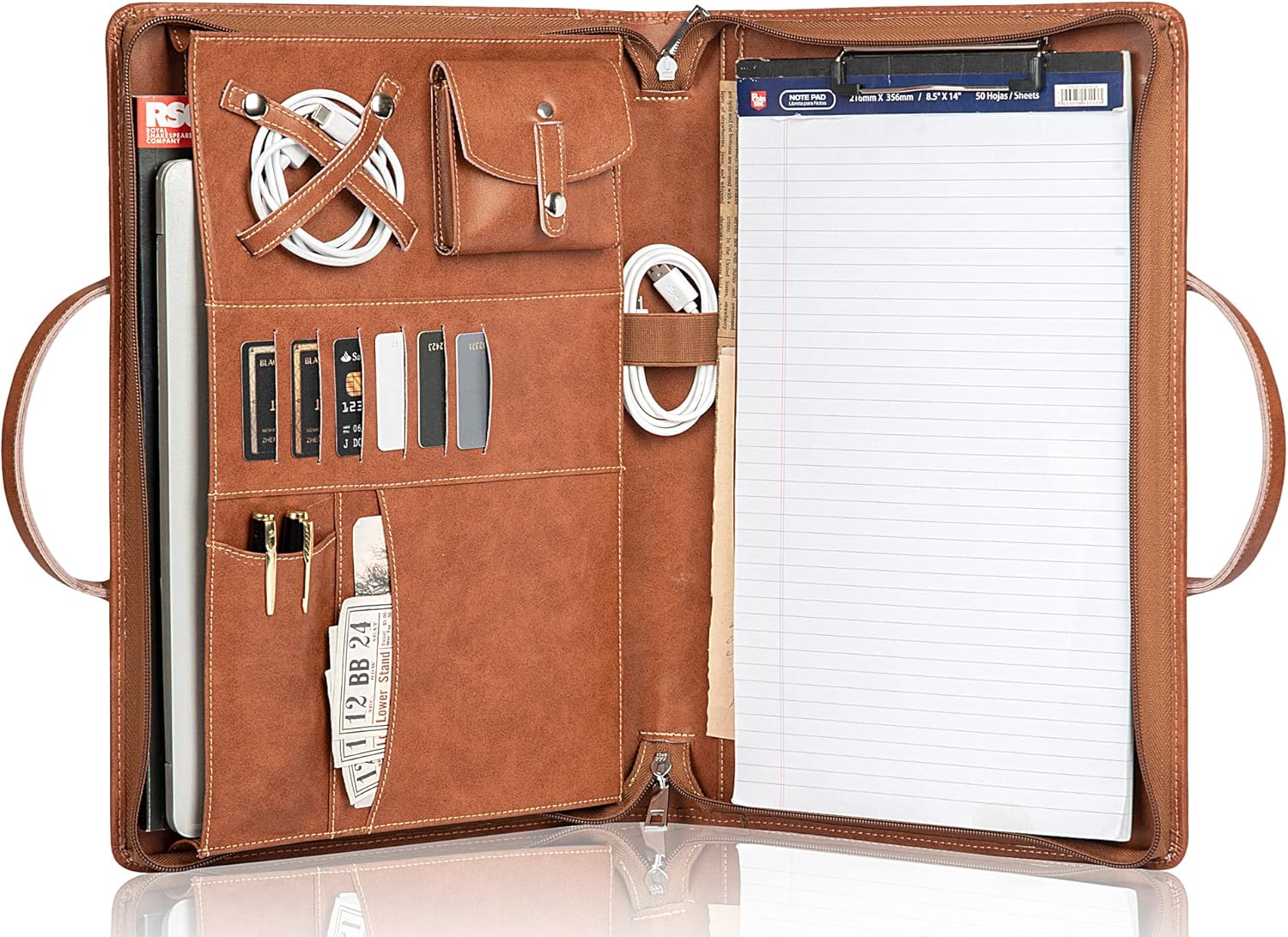 Calfinder Leather Portfolio with Handle, Lightweight Carrying Case with Pocket fits up to 15-inch Laptop, with Legal Pad Holder, Zippered Padfolio Folder Organizer for Women, Brown