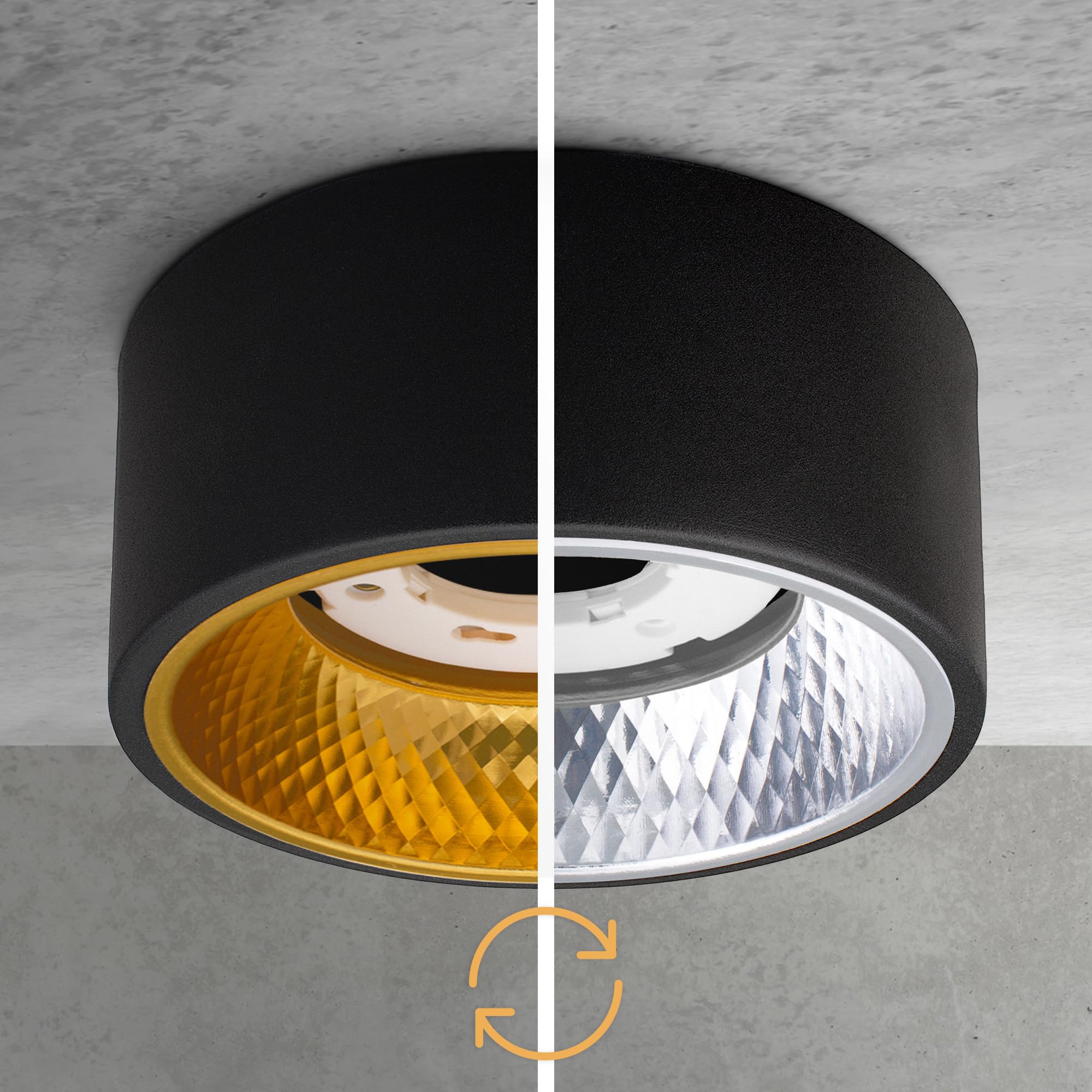 SSC-LUXon OLINO Aufbauspot 4x schwarz Wechselfront gold/silber für GX53 | Vier Aufputz-Spots schwarz mit wechselbarer Front in Gold & Silber - für Flur, Küche & Büro, für GX53 (ohne Leuchtmittel)