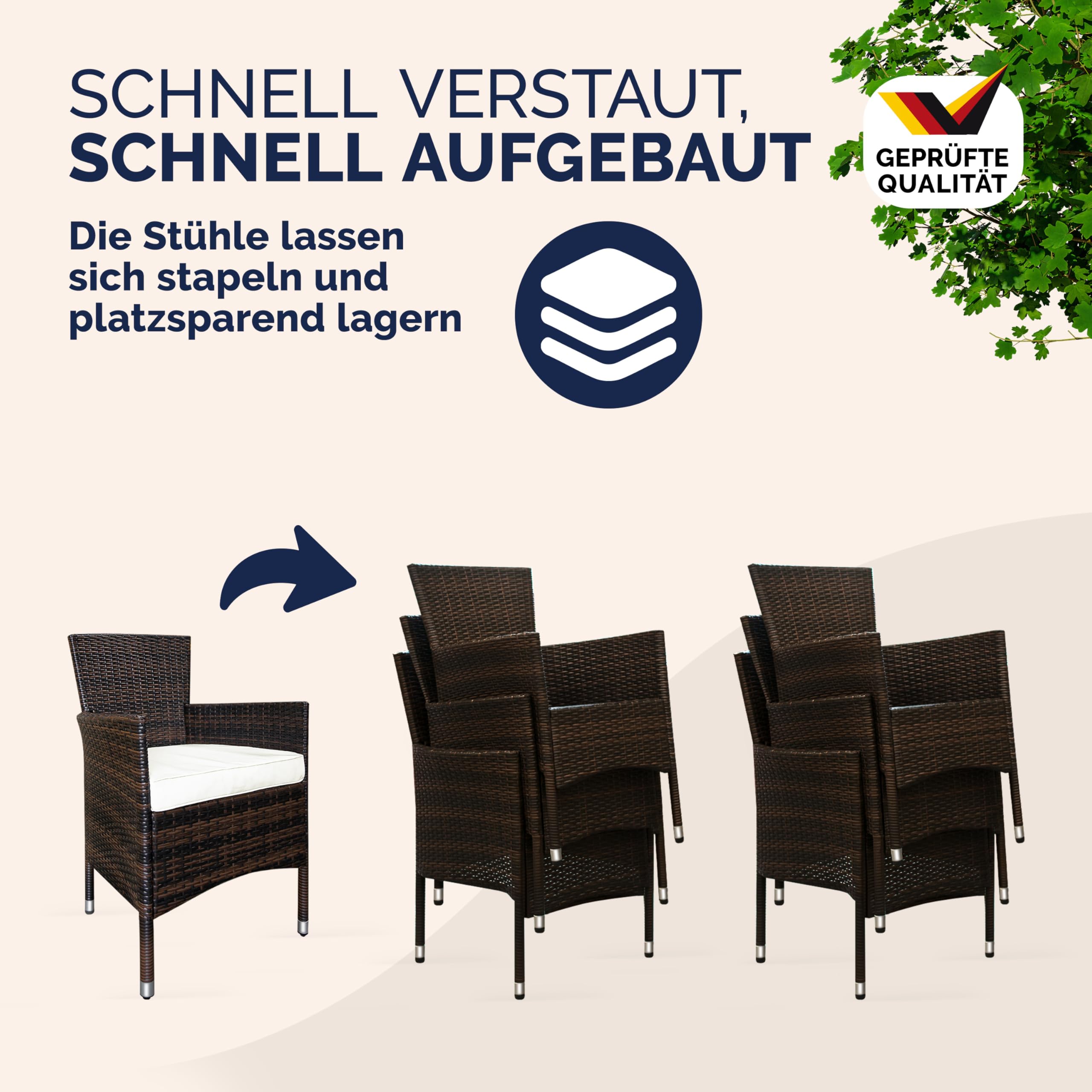 Casaria® Gartenmöbel Set 6 Personen Stühle inkl. 7cm Polster Tisch 150x90cm Balkonmöbel 160kg Belastbar Wetterfest Polyrattan Stapelbar Terrasse Möbel braun