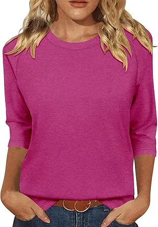 KISSMODA Tunic Tops for Women Loose Fit Dressy Round Neck Pleated 3/4 Length Sleeve Spring Tops