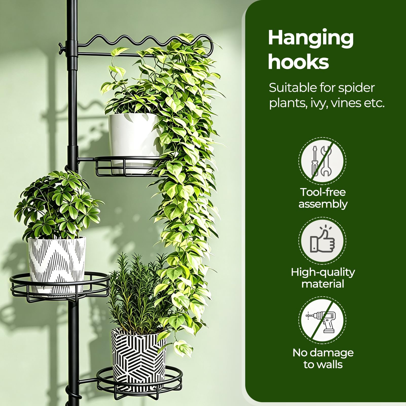 WELDUN Étagère à fleurs télescopique avec 4 supports de fleurs et 1 tuteur - Support pour plantes d'intérieur peu encombrant - Étagère d'angle en métal - Étagère suspendue réglable - 122-290 cm (H