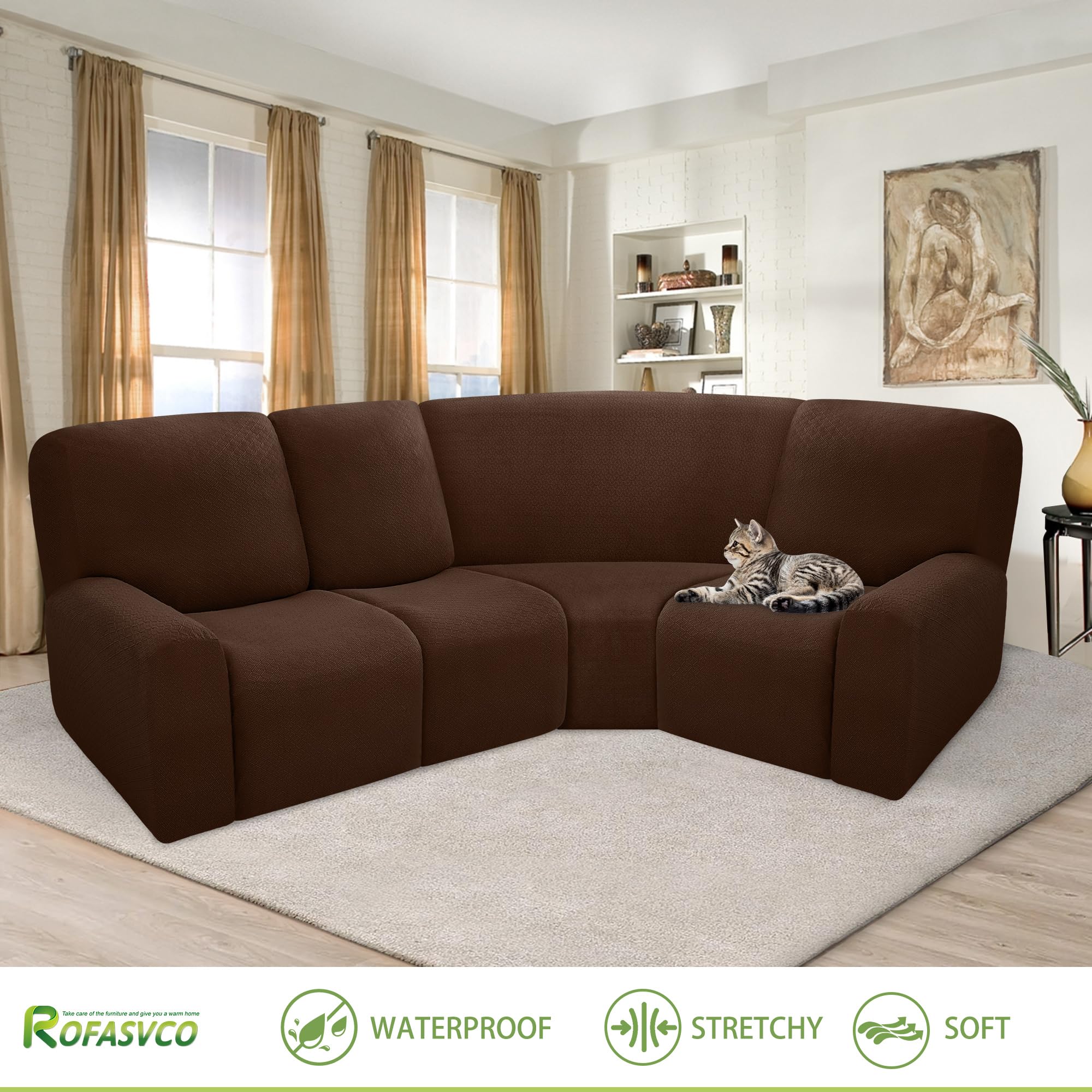 ROFASVCO 100% Waterproof Reclining Sectional Couch Covers Fleece Stretch 4-Piece L Shape Recliner Sofa Cover Washable Non Slip Corner Couch Cover Recliner Slipcovers Protector (4 Seat, Dark Brown)
