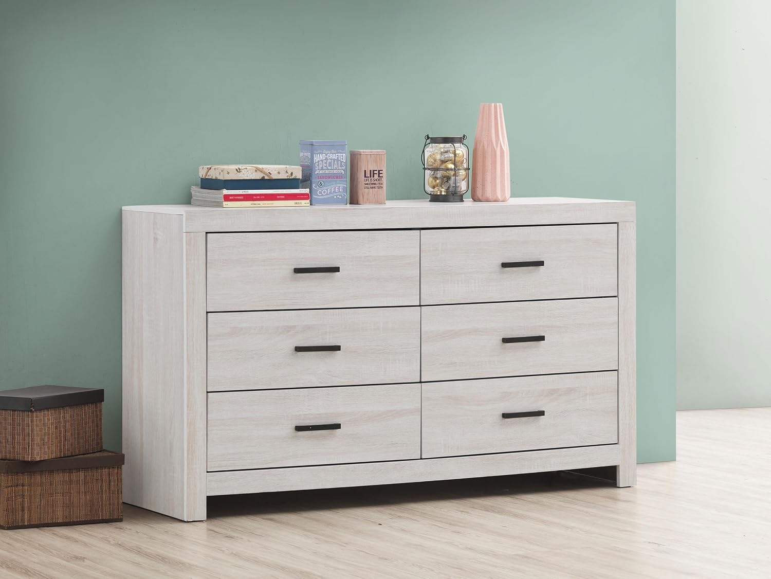 Pemberly Row Contemporary 6-Drawer Farmhouse Wood Dresser, 58.5" W x 33.25" H, Coastal White Finish, Asian Tropical Wood and MDF, Bronze Matte Handles, Bedroom Storage Furniture