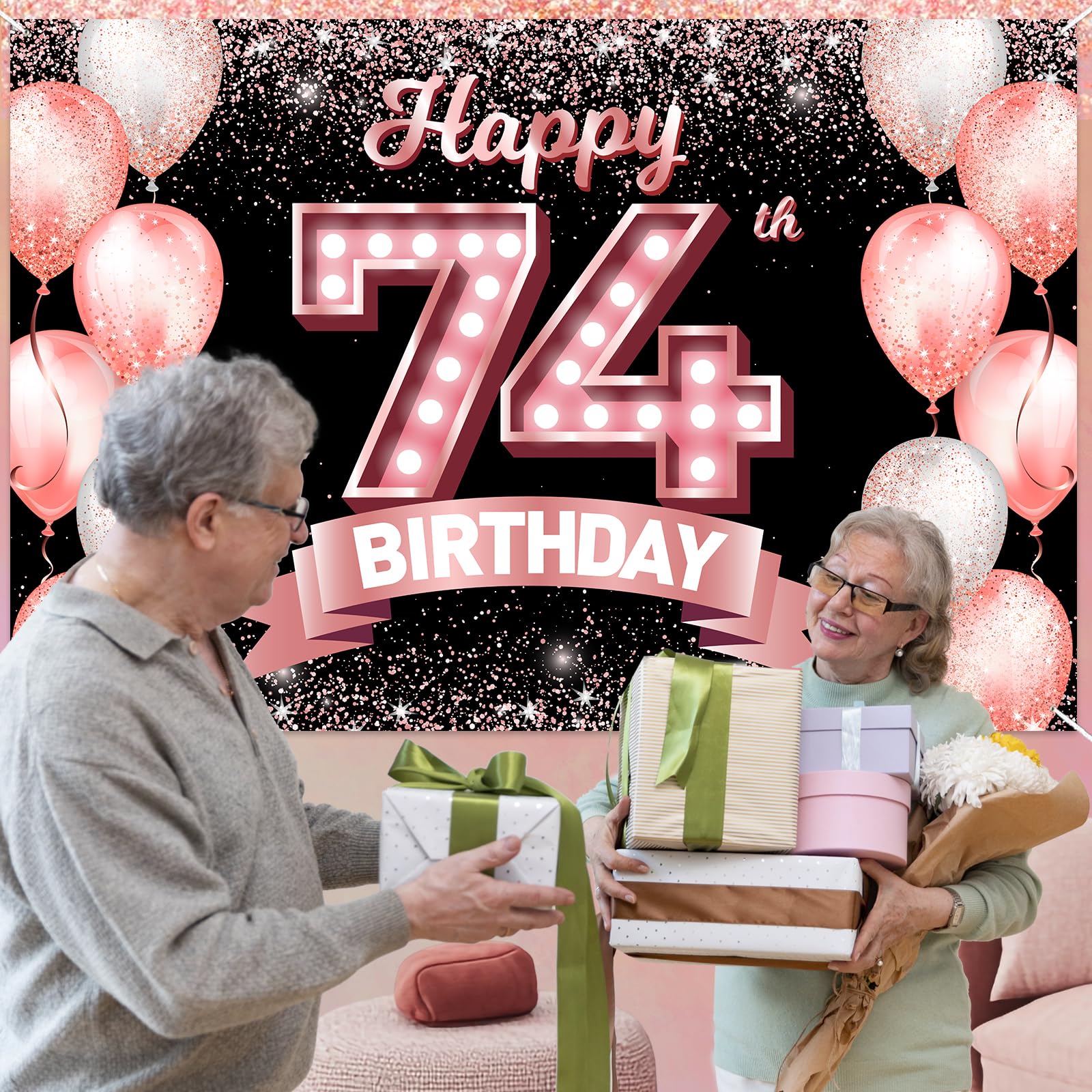 74. Geburtstag Deko Frauen | Türbanner 90x180 Cm, Roségold Stoff, Mit Kupferösen, Für Feier & Hintergrund