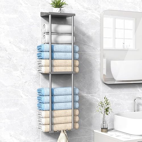 Miniatura 11 de Toallero para Baño, Organizador de Almacenamiento de Toallas Enrolladas Vertical Montado en la Pared con Estante, Capacidad para 6 Sábanas de Baño