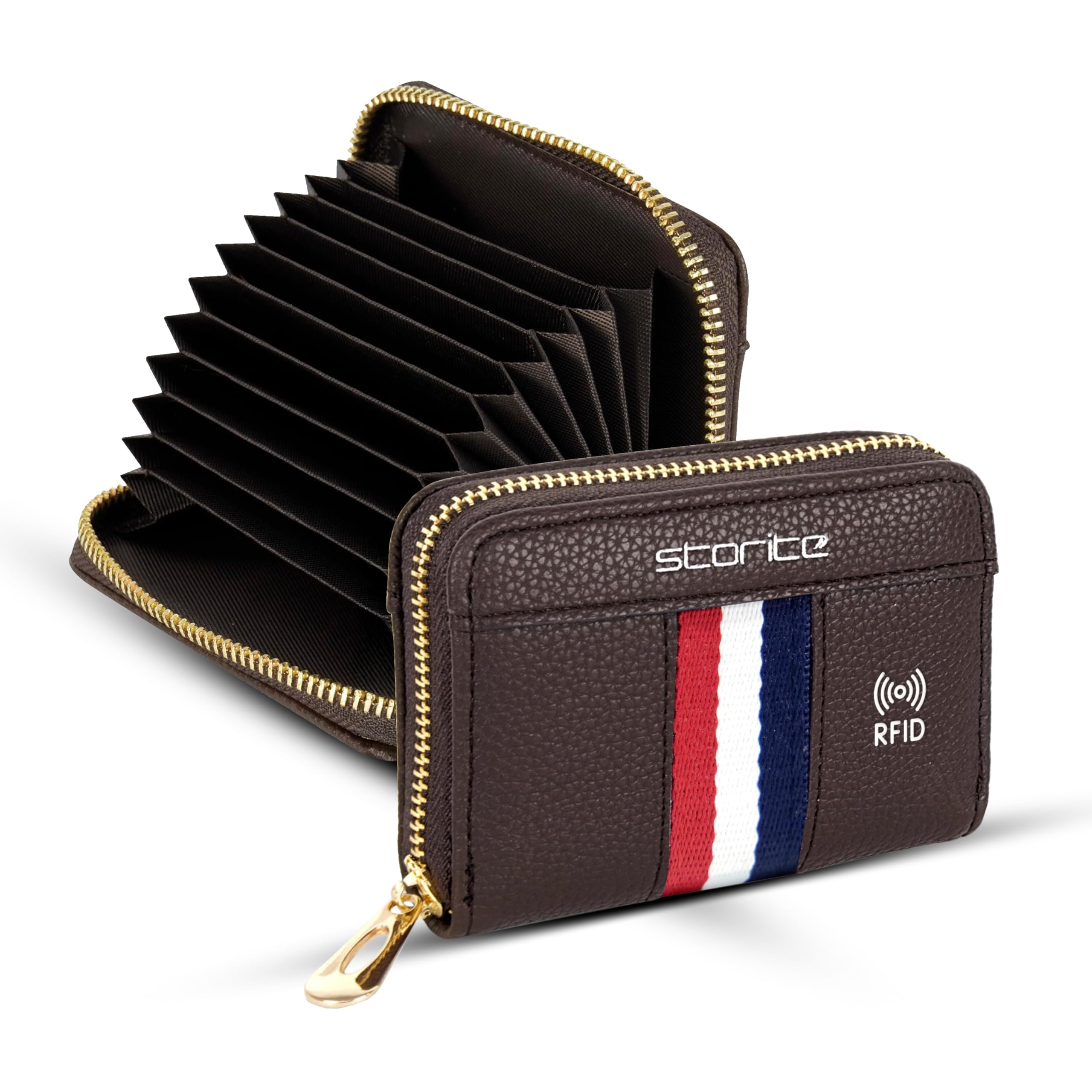 Storite PU Leather RFID Card Holder Wallet | 9 Slot Credit, Debit & ID Card Organizer with Zipper Coin Purse for Men & Women – Brown (10.75 x 8 x 2.5 cm)