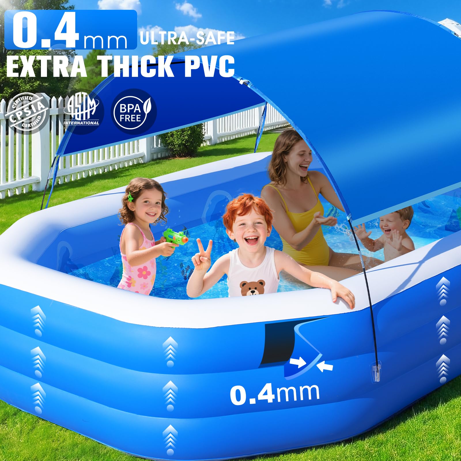 ChlorBlu Piscina Hinchable Grande con Toldo, 300x190x55cm Piscina Hinchable Adultos, Piscinas Hinchable Rectangular Resistentes y Gruesas, Piscinas Hinchable Familiar para Jardín Exterior