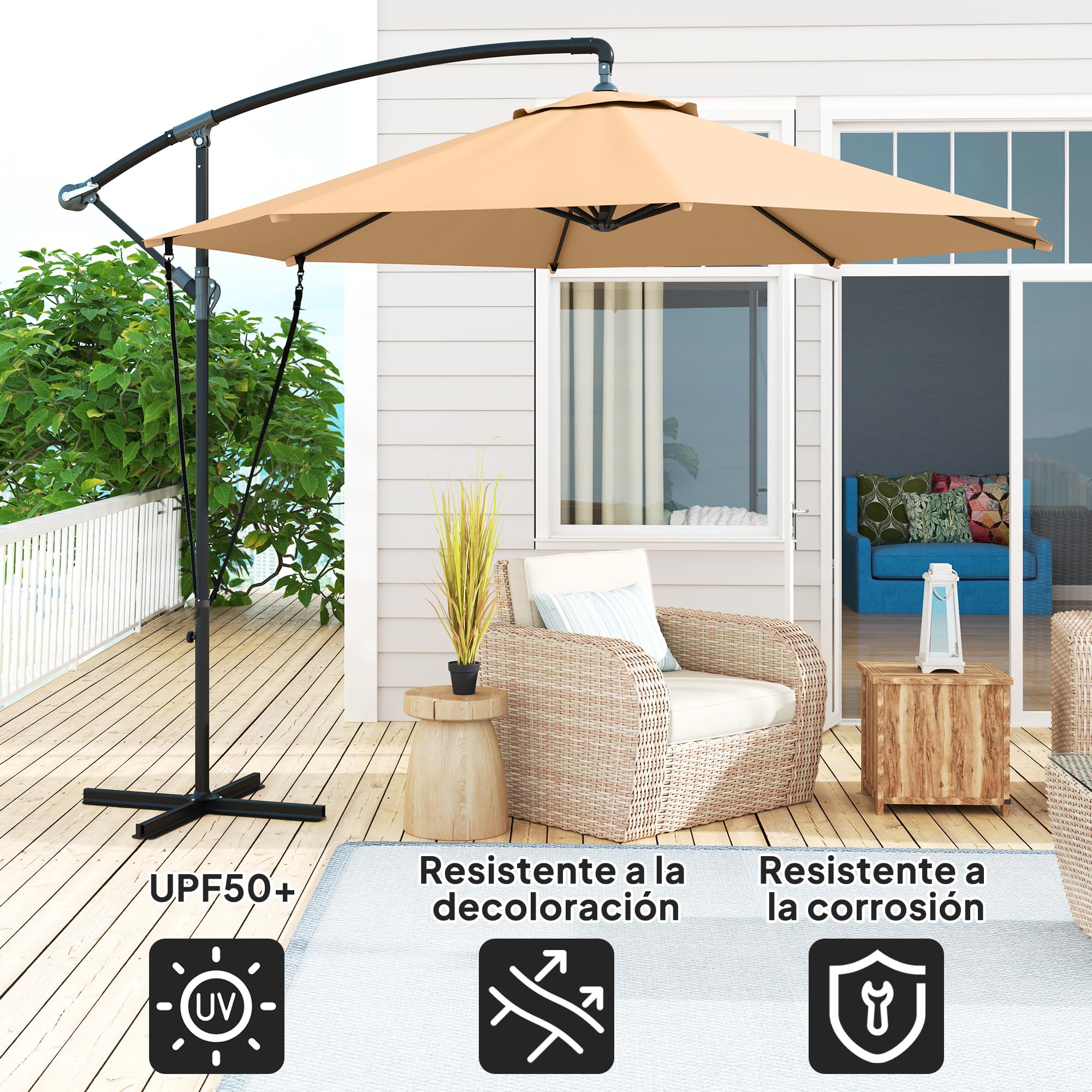 Outsunny Parasol Excéntrico Ø 290 cm Sombrilla de Jardín con Base Cruzada Toldo Giratorio 360° Manivela Funda Protectora y Cuerda de Viento Anti-UV 50+ para Terraza Patio