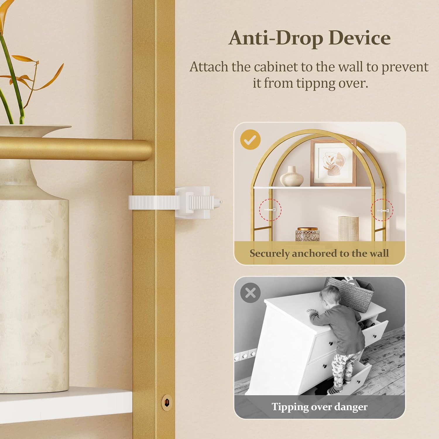 5 Tier Bookshelf Gold, 66.14 Inches Tall Arched Bookcase, Wide Storage Bookshelves with 4 Hooks, Stand Display Shelf for Living Room, Home Office, White and Gold - Image 5