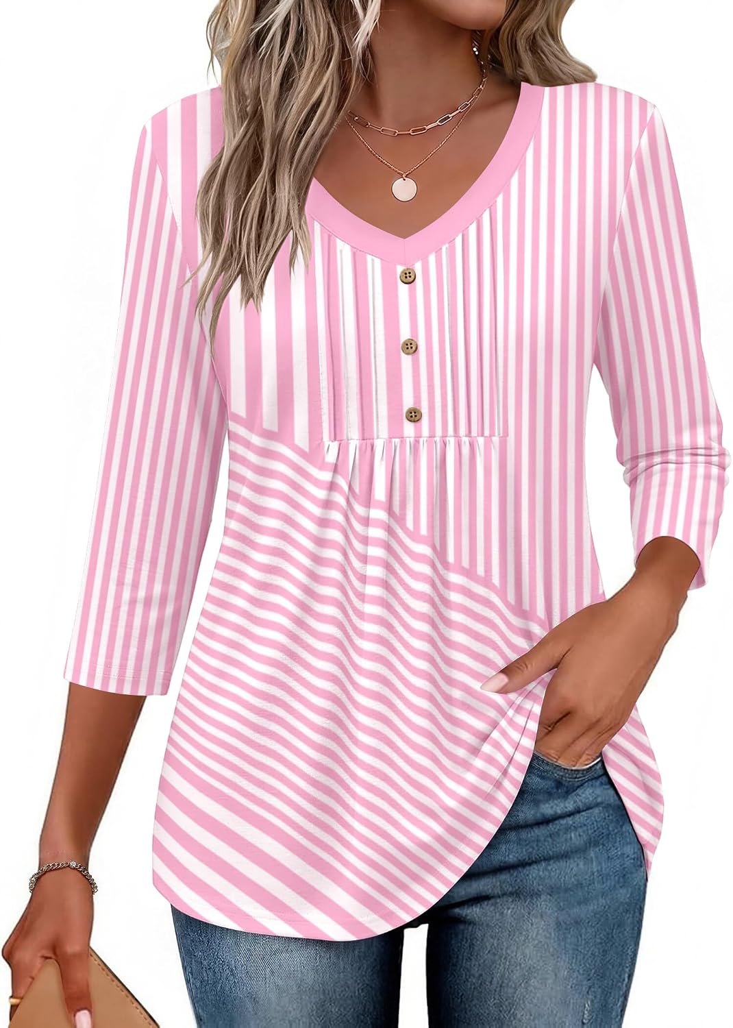 Ekouaer 3/4 Length Sleeve Womens Tops V Neck Blouses Casual Pleated Shirts