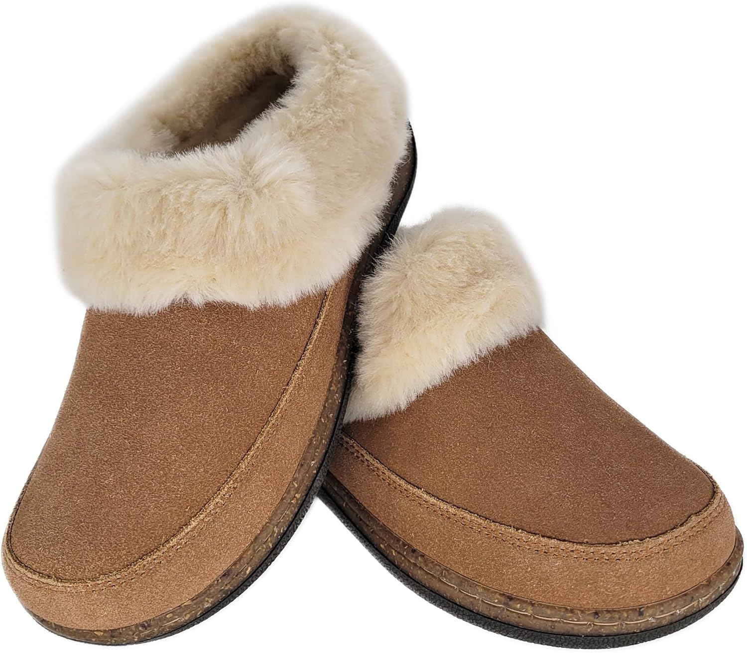 Clarks Womens Slipper Suede Leather Scuff Toe - Plush Faux Fur Collar/Lined With A Cork Midsole - Open Back Indoor Outdoor House Slippers For Women (Cognac US 8) - Image 7