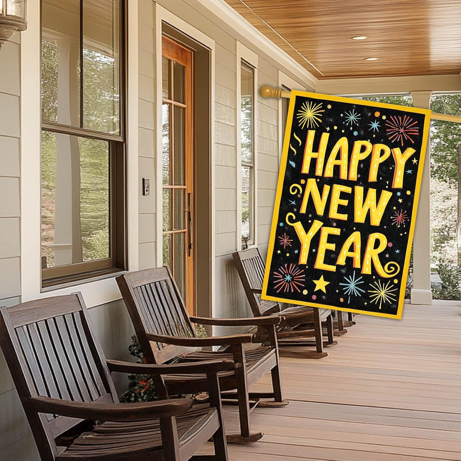 Happy New Year House Flag 28x40 Inch Double Sided Garden Flag Colorful Fireworks Gold Letter Design Winter Holiday Yard Banner Large Outdoor Polyester Flag for Porch Lawn Home Decoration - Image 7