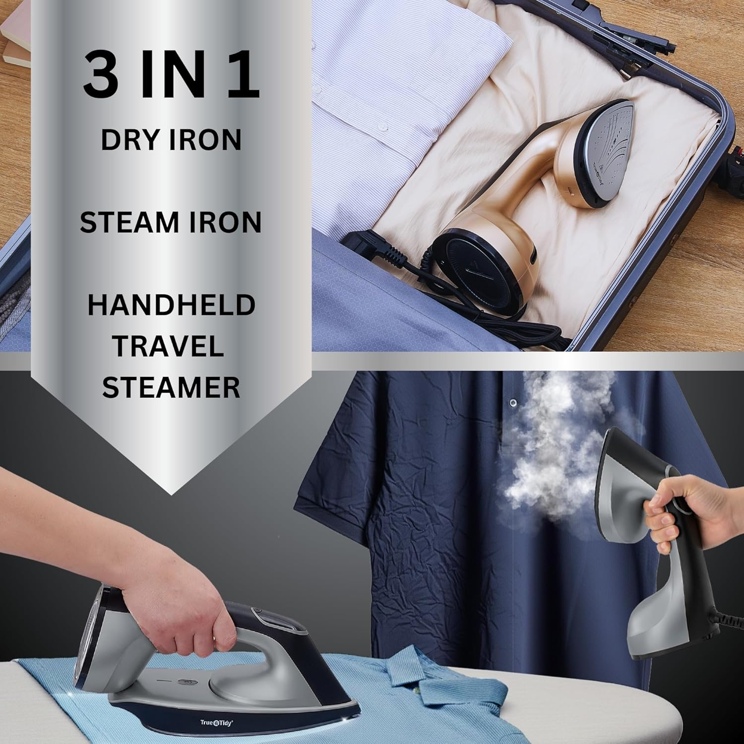 True & Tidy DuoPress XL 2-in-1 Clothes Steamer & Iron, 1600W Powerful Turbo Steam, Large Ceramic Plate, Smart Temperature Control, 3 Steam Modes, Portable Handheld Wrinkle Remover for All Fabrics