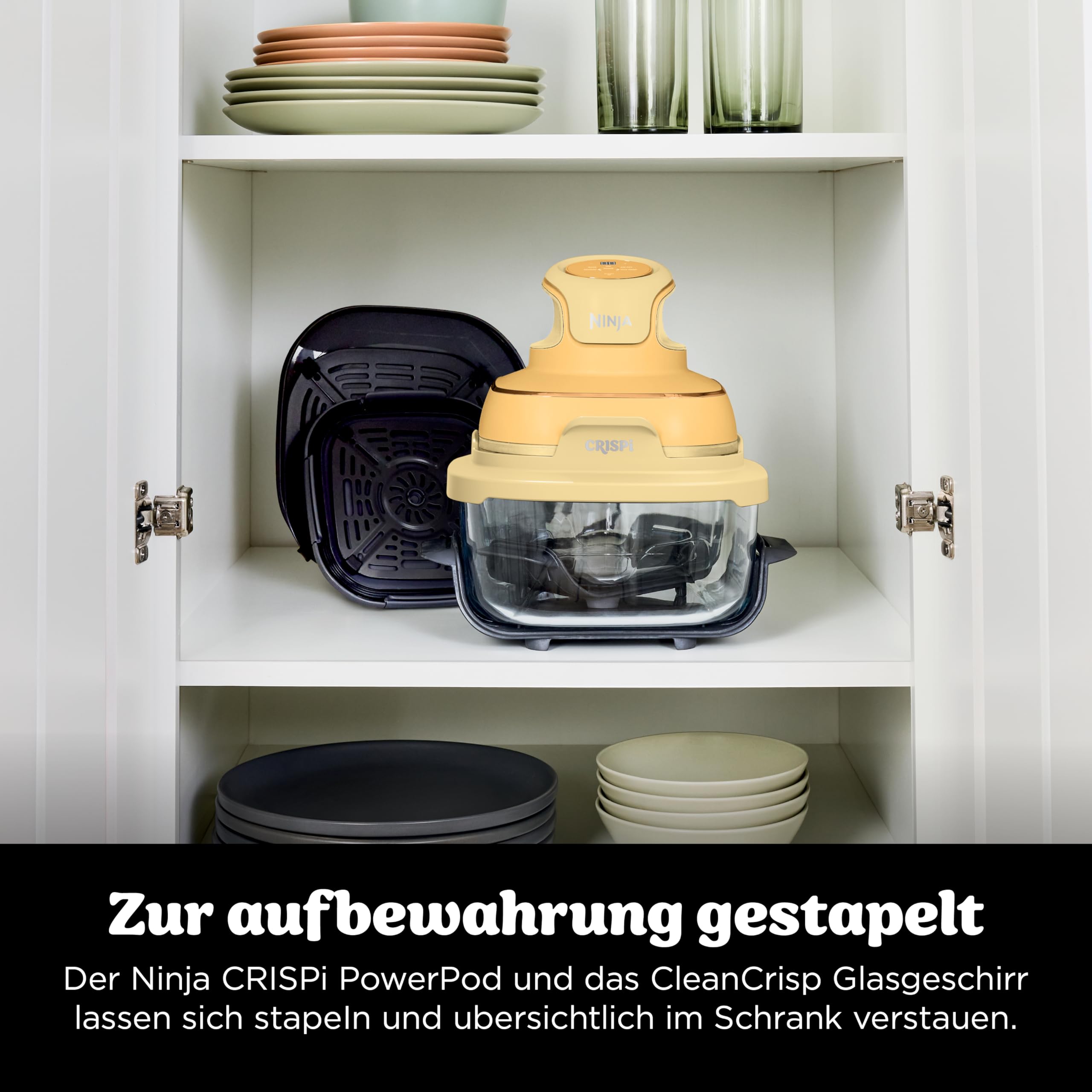 Ninja CRISPi Tragbare Heißluftfritteuse, 3,8 l & 1,4 l, 4-in-1: Heißluftfrittieren, Braten, Warmhalten, Aufknuspern, kompakt, 6 Portionen, 2 Glasbehälter & Deckel, 1700 W, Ingwerbraun FN101EUGD