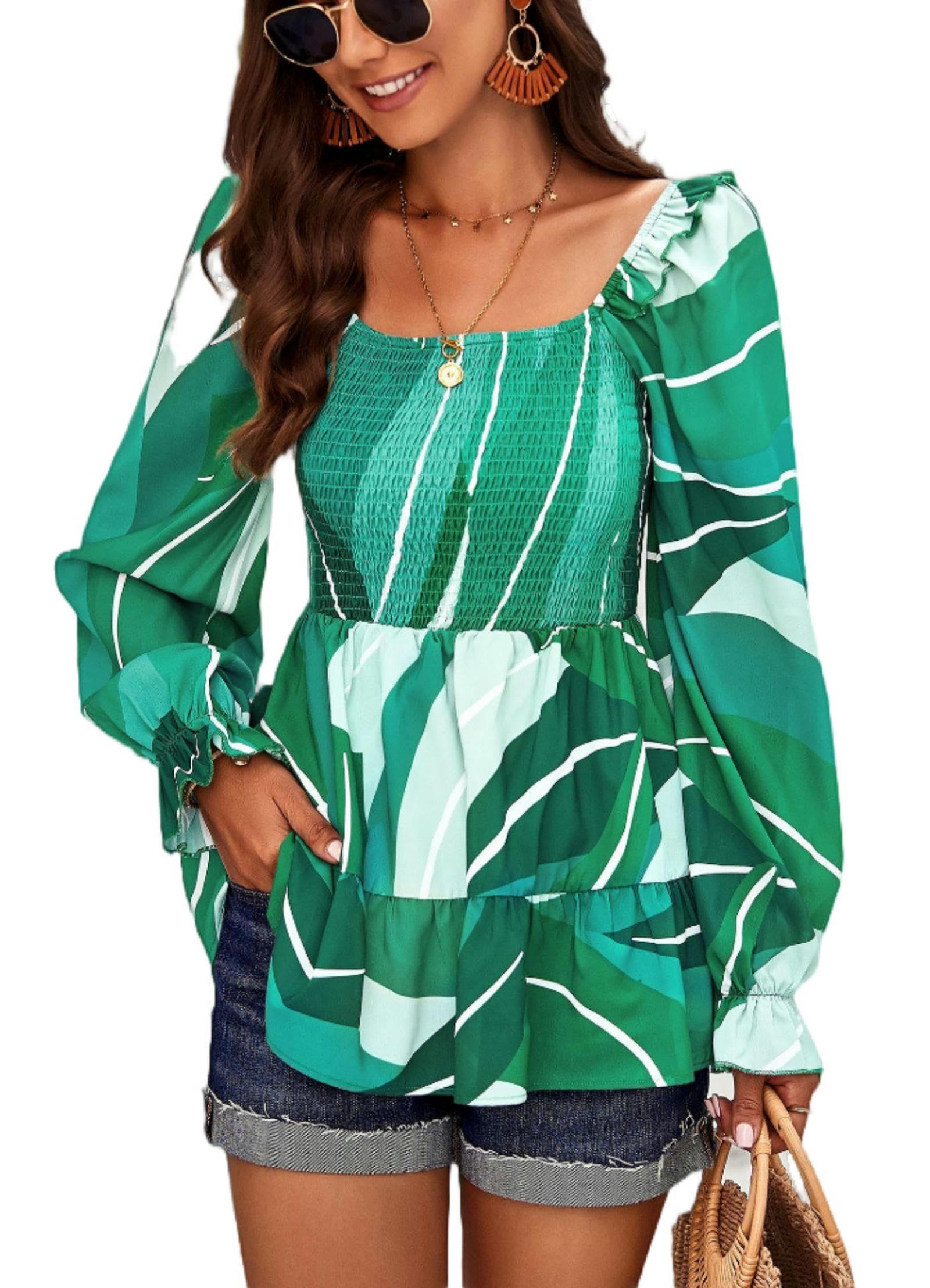 Camisa de Manga Larga con Cuello Cuadrado para Mujer, Estilo Casual, con Estampado de Temperamento de Primavera y Verano, Color Rojo Rosa, Talla S