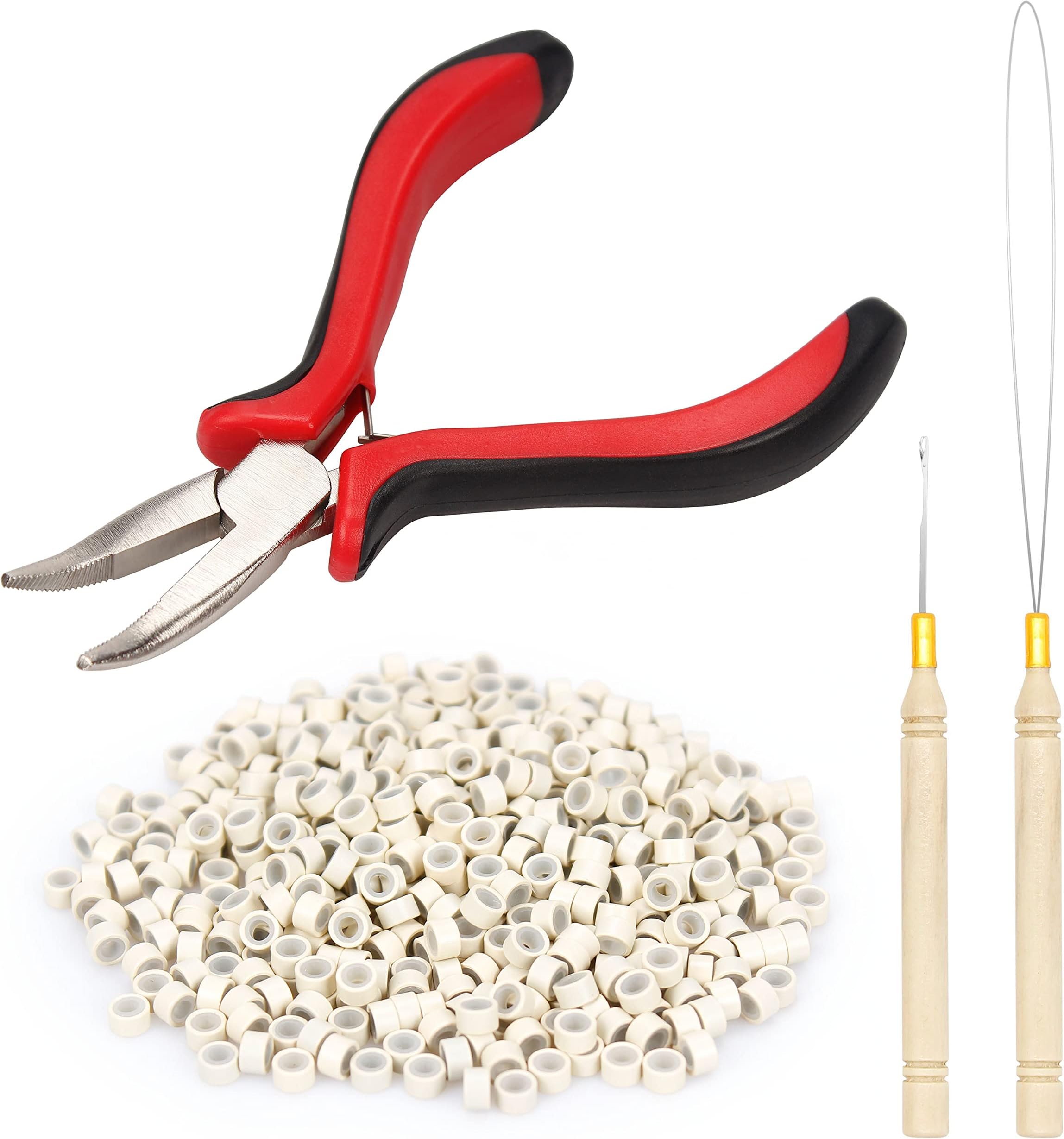 Ryalan Hair Extension Tool Kit Needle Nose Pliers Micro Pulling Needle Loop Threader and Micro Rings Links Beads 5mm Silicone Lined Beads for Human Hair Feathers Hair Extensions (500 Pcs, Blonde)