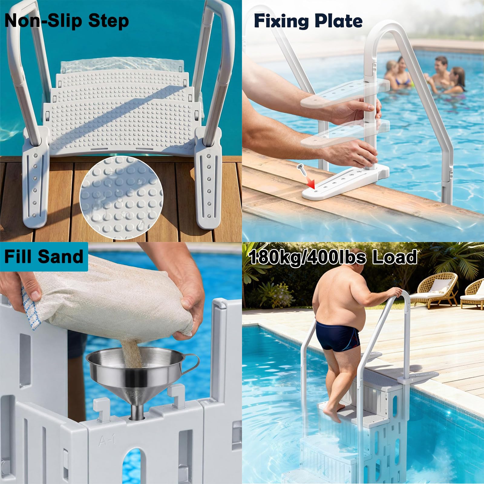 Escalera de piscina resistente sobre el suelo, diseño de 4 escalones con pasamanos duales, soporta 400 libras, ideal para piscinas sobre el suelo y en el suelo