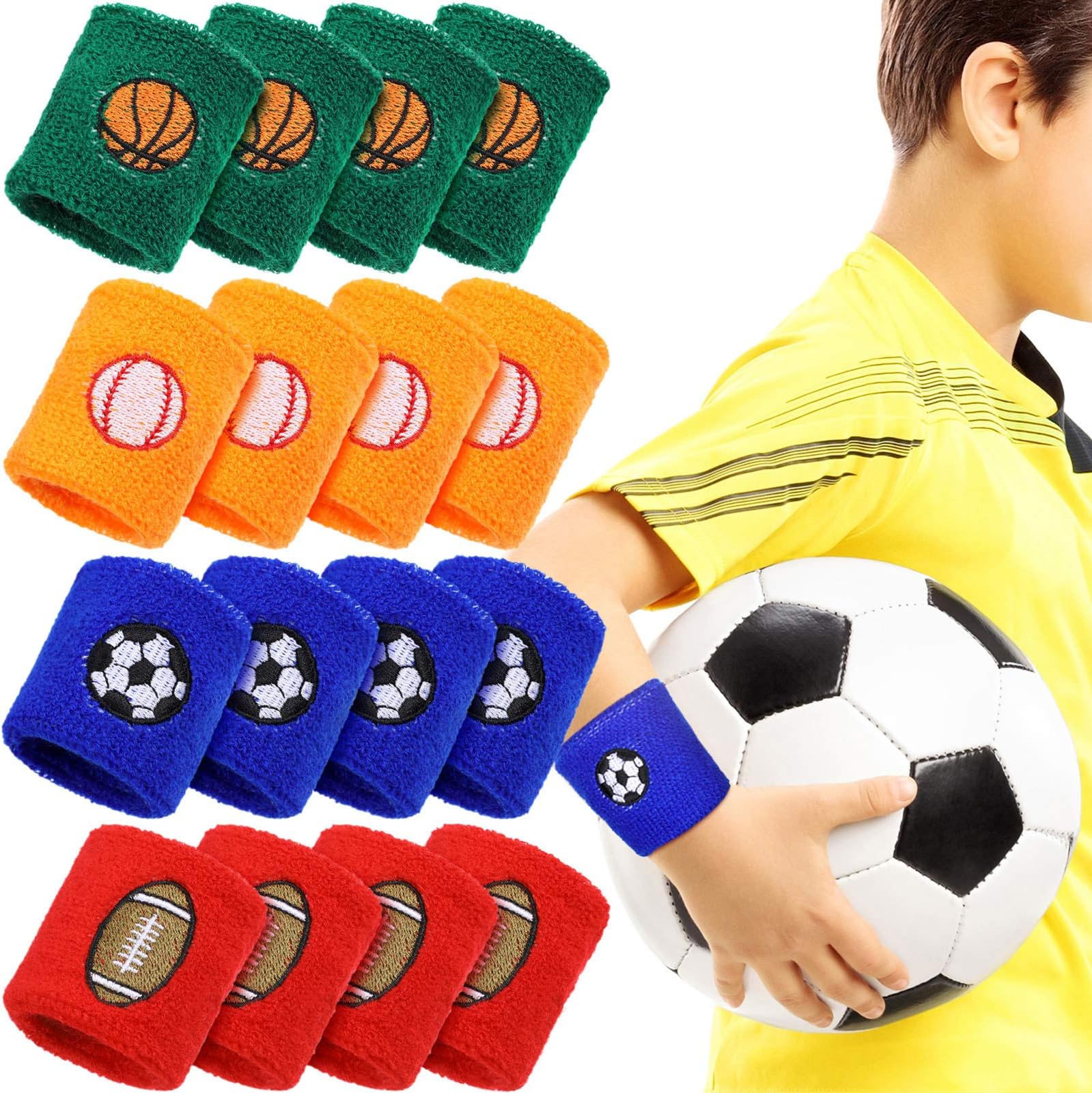 16 Pieces Sports Wristbands Wrist Sweatbands Children Sweat Bands for Kids Soccer Baseball Football Basketball Sports