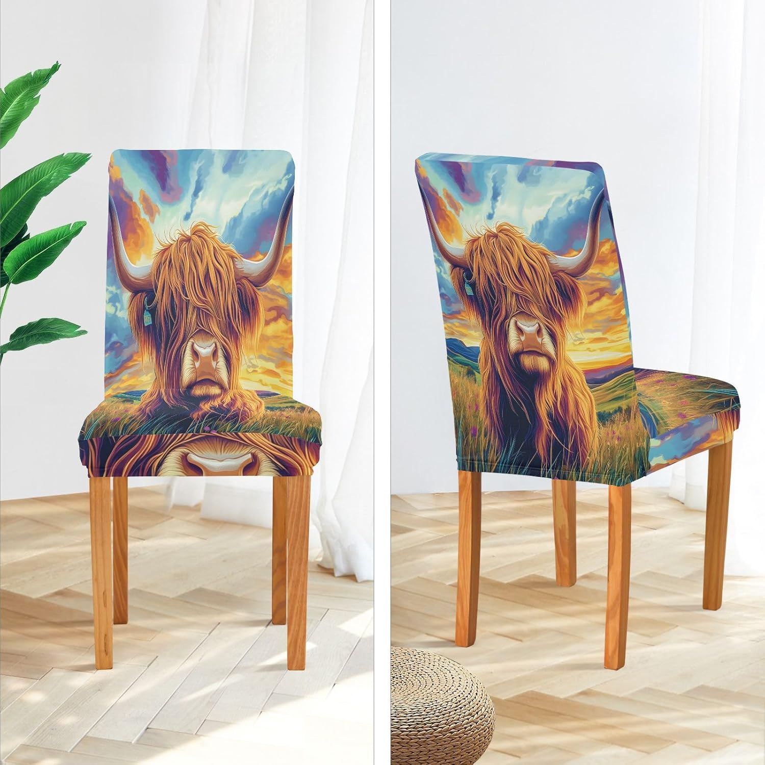 ALAZA Chair Covers for Dining Room, Vibrant Highland Cow Stretch Chair Cover Sets Chair Protector Removable Washable for Ktichen Restaurant Hotel