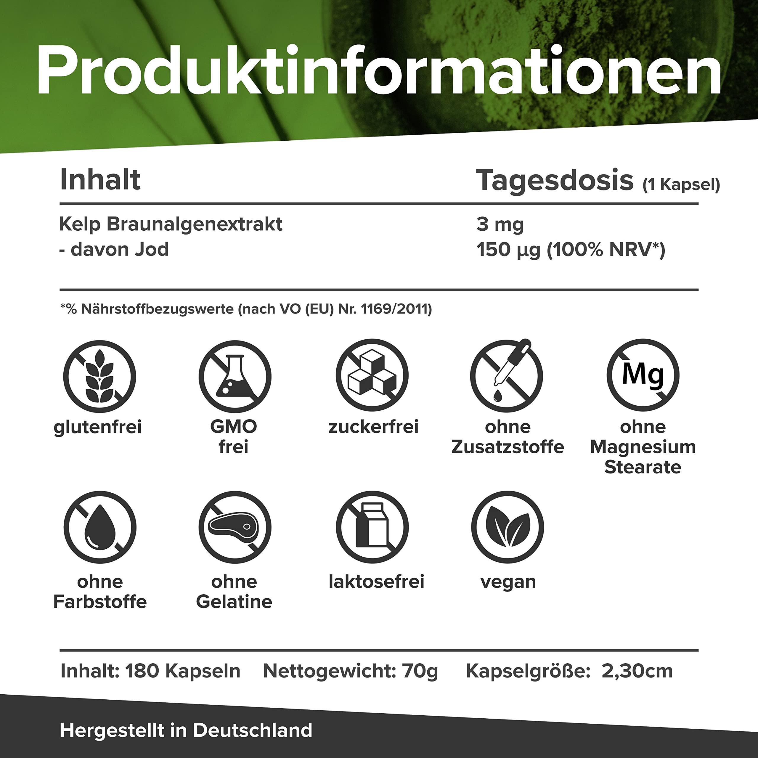 Natürliches Jod hochdosiert aus Kelp Extrakt in Kapseln | aus der Braunalge | 180 Jod Tabletten hochdosiert für 6 Monate Vorrat | salzfrei, laborgeprüft & vegan | Made in Germany